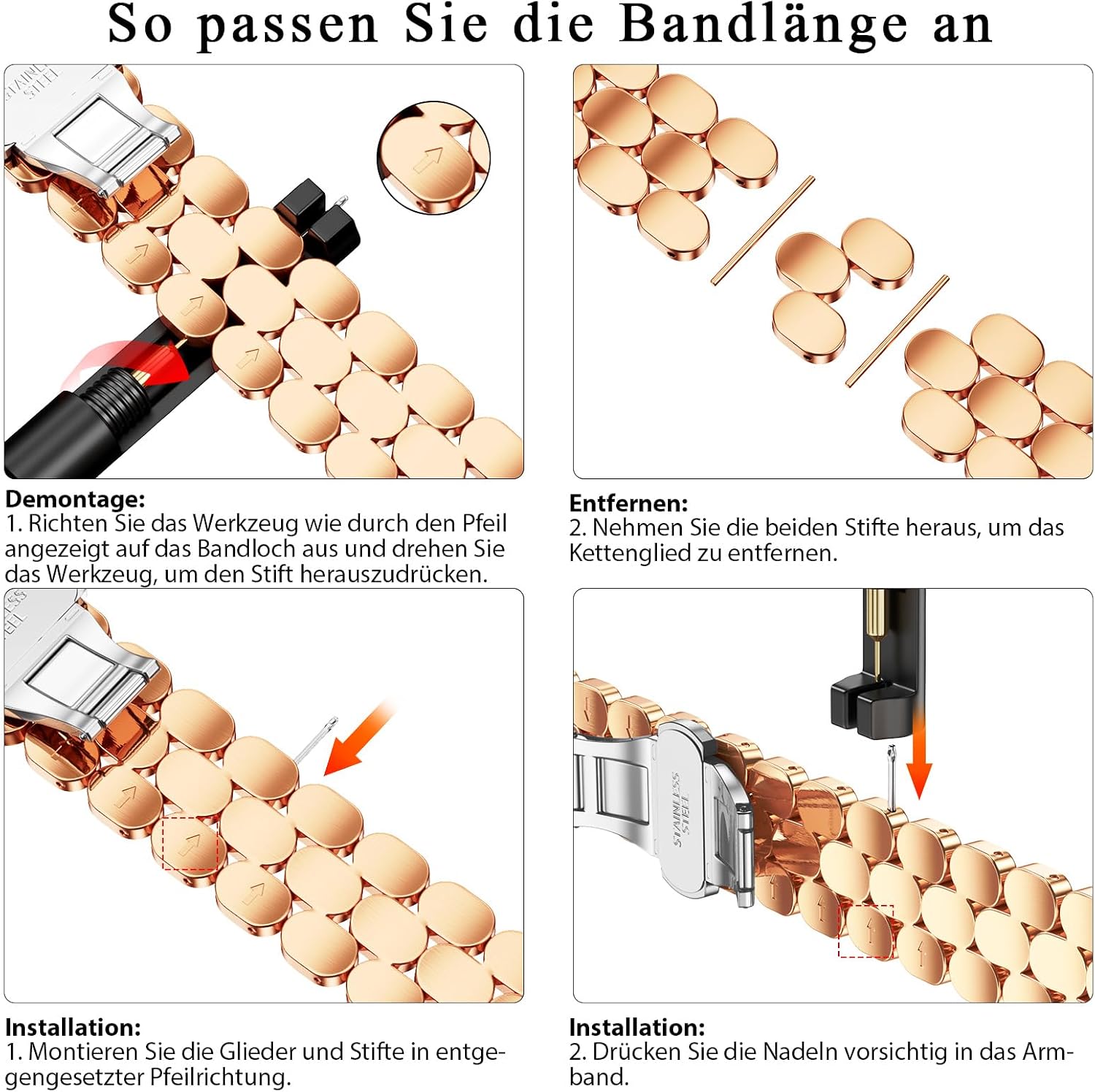 Detalle 2 de V.R.HOPE Metallarmband für Apple Watch (Rose Gold) – Edelstahl-Band für 38/40/41/42 mm