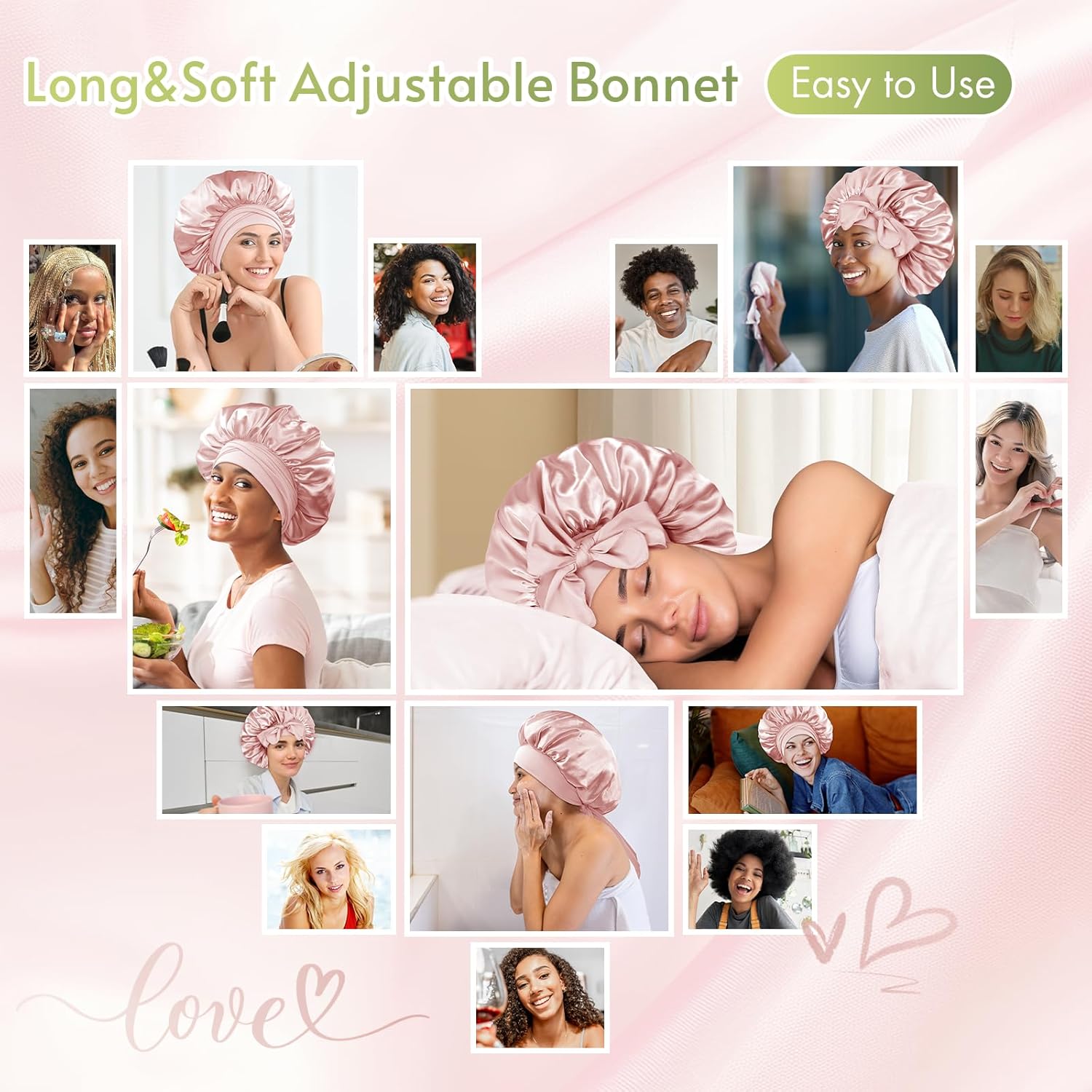 Thumbnail 3 de BONNET QUEEN Silk Bonnet for Sleeping Women – Satin Sleep Cap with Adjustable Tie Band, Cream Pink