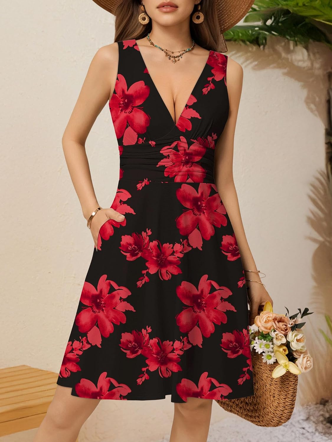 Detalle de OURIN Women's Spring Deep V-Neck Sleeveless Floral Sundress with Pockets