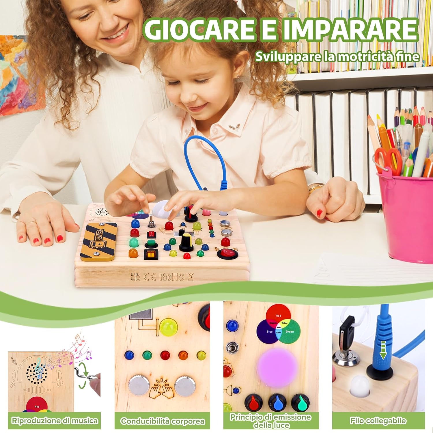 Thumbnail 2 de Giochi Montessori 1 anno per bambini: Busy Board in legno Konijiwa con 13 interruttori e 24 luci LED