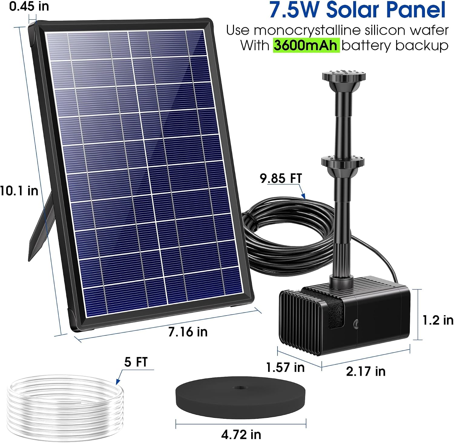 Detalle de Biling Biling Solar Water Pump with Battery Backup – 7.5W solar fountain pump with 3600mAh battery and 10 nozzles