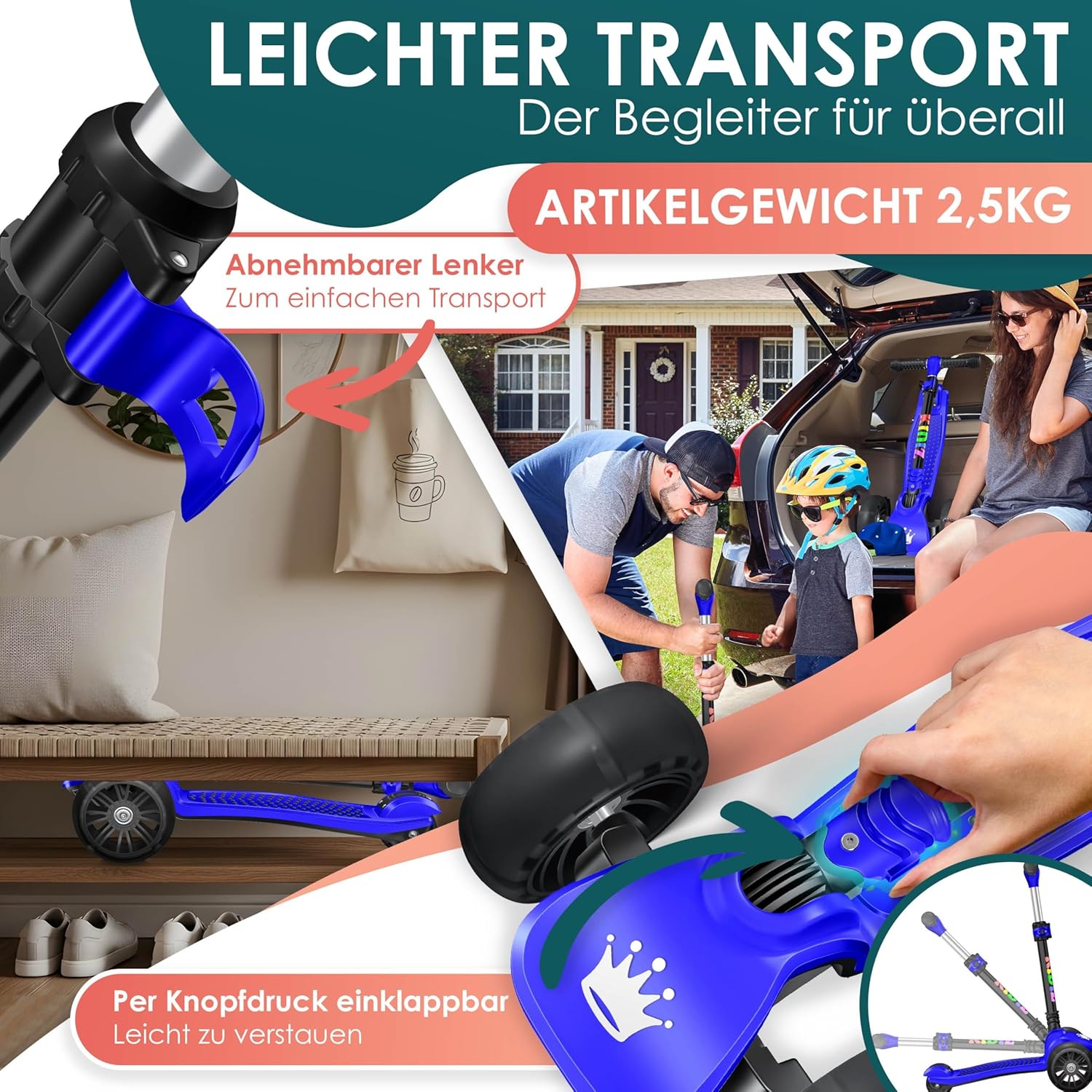 Detalle 1 de KIDIZ Roller X-Pro2 Dreiradscooter – höhenverstellbar, LED-Räder und Fold-Up für 3–12 Jahre