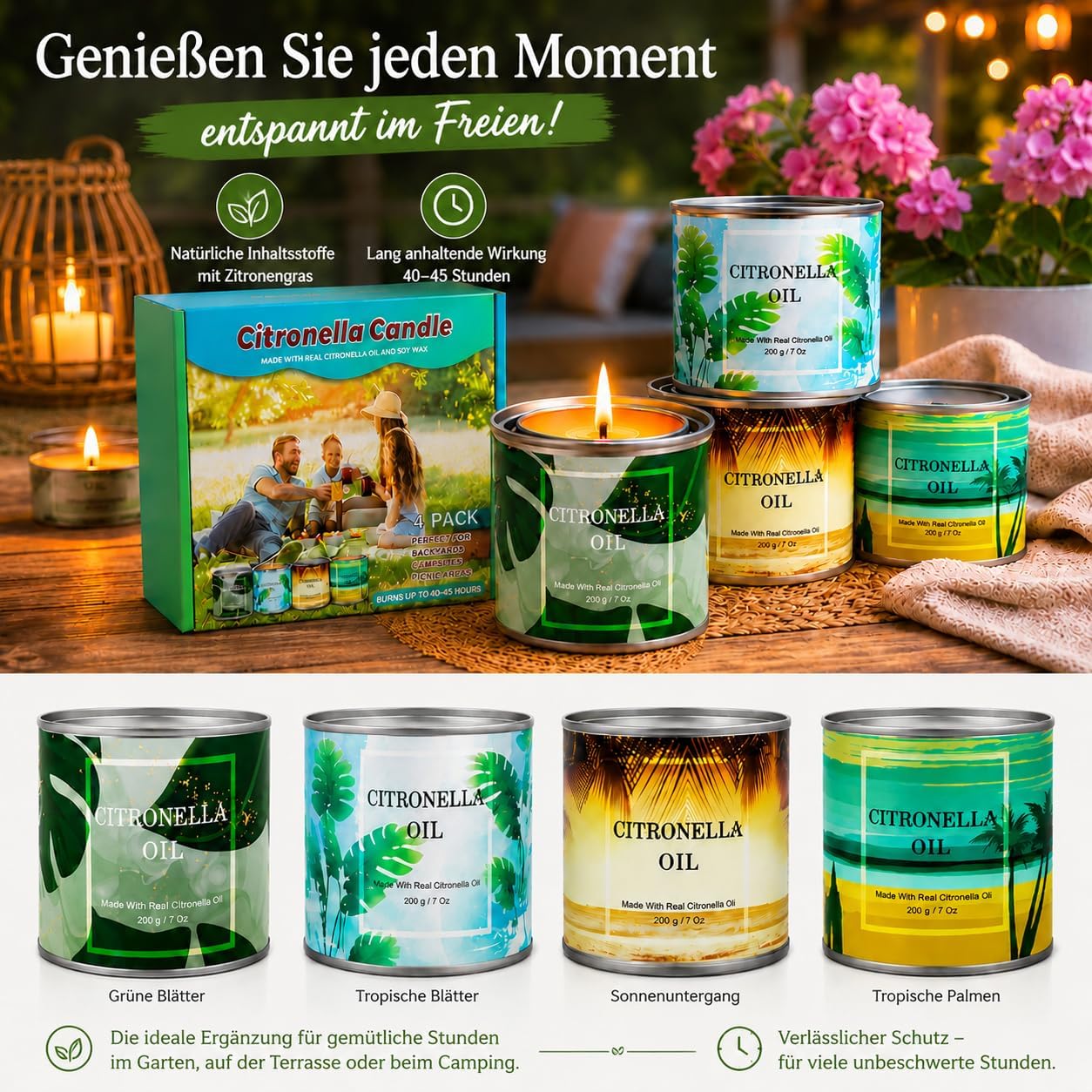 Detalle de CREASHINE Citronella Kerzen Outdoor 4er Set – 800 g Sojawachs, Zitronengras-Duft