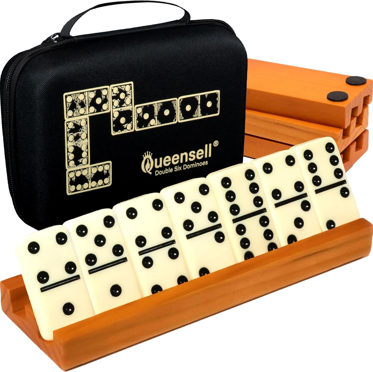 Queensell Double Six Dominoes Set for Adults with 4 Racks and Travel Case (28 Tiles)