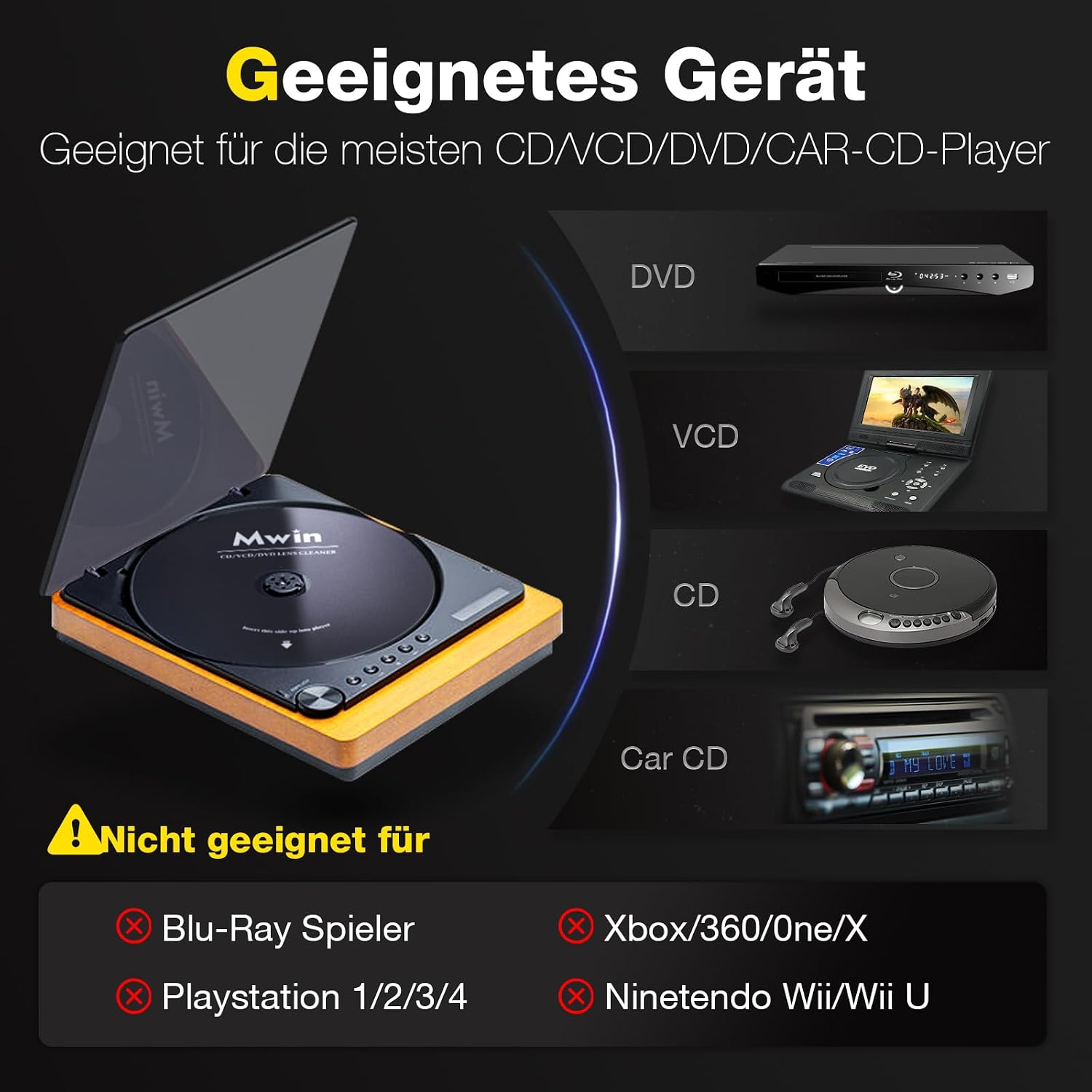 Detalle de Mwin CD-Reinigungsdisc für CD-/VCD-/DVD-Player – Linsenreinigungsset fürs Auto & Zuhause