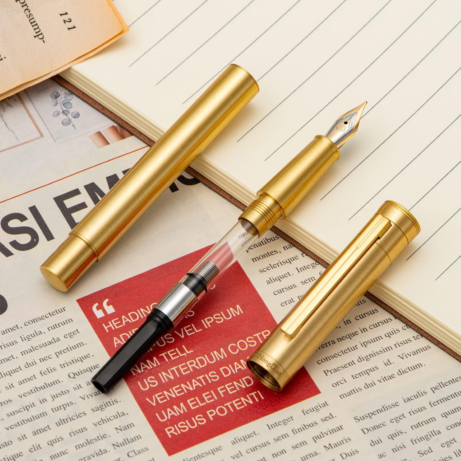 Thumbnail 5 de Hongdian Raw Brass Fountain Pen with Extra Fine Nib — Balanced, Classic Design with Converter and Case