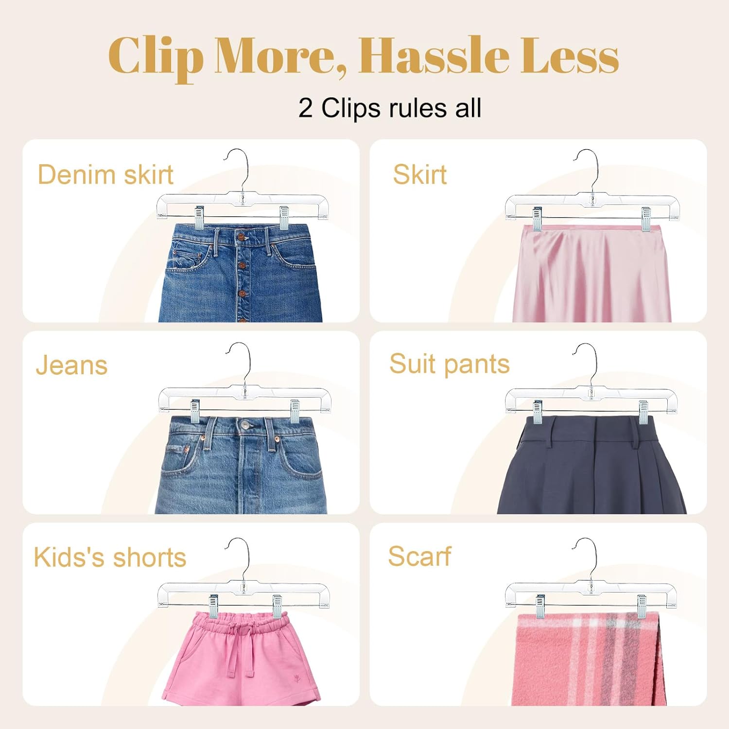Thumbnail 5 de HOUSE DAY 12 Pack 14-inch Clear Plastic Skirt & Pants Hangers with Adjustable Clips (360° Swivel Hook)