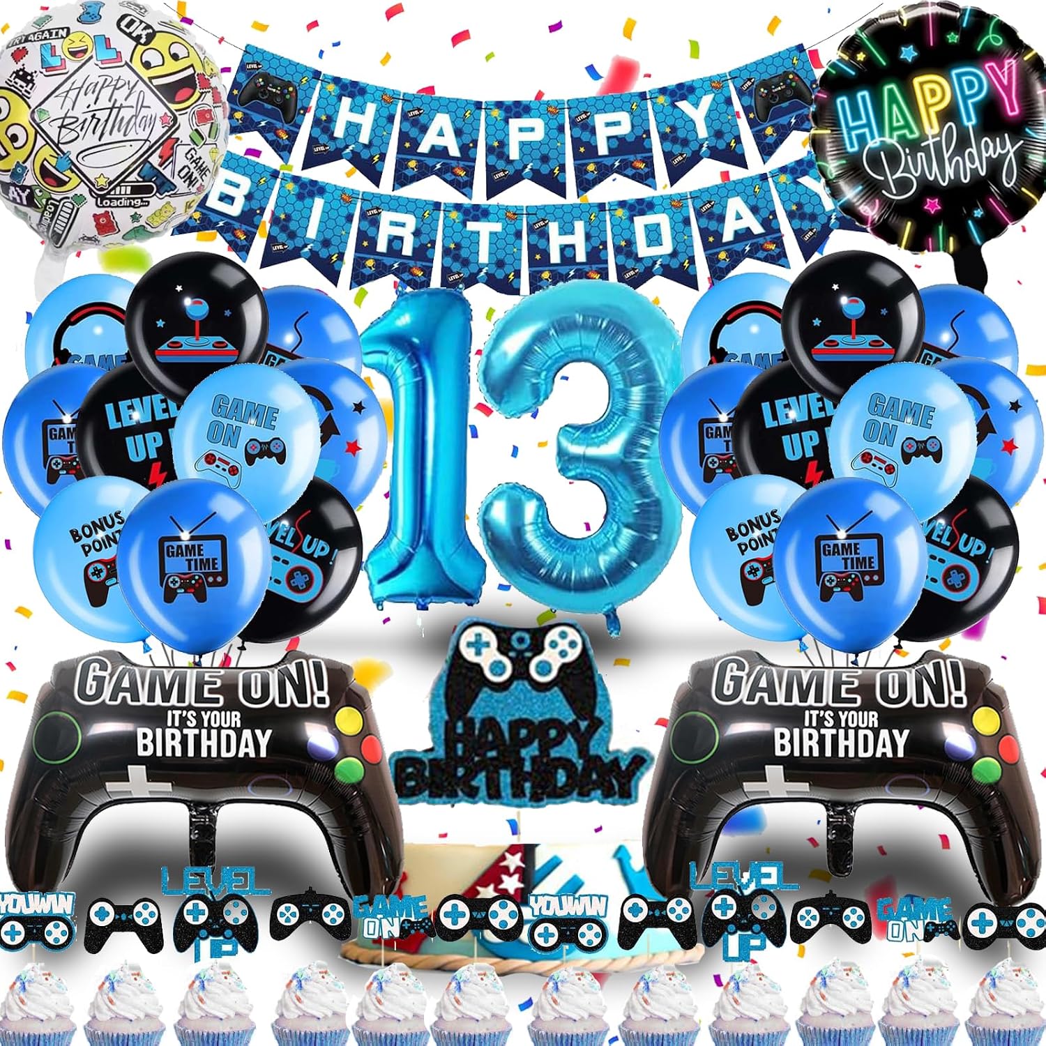 Betensh 13. Geburtstag Junge Videospiel Tortendeko-Set – Blaue Ballons, Gamepad-Motiv und 13er Zahl