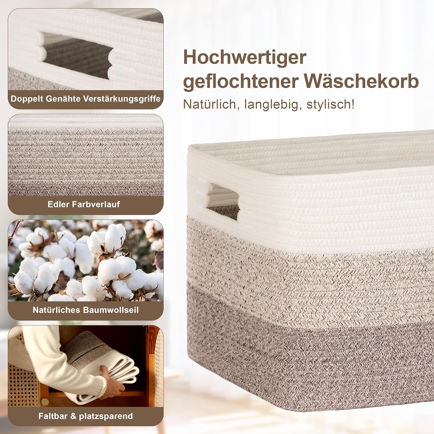 Thumbnail 1 de 45L Aufbewahrungskorb Klein aus Baumwollseil – geflochten mit Griffen, Farbverlauf Braun