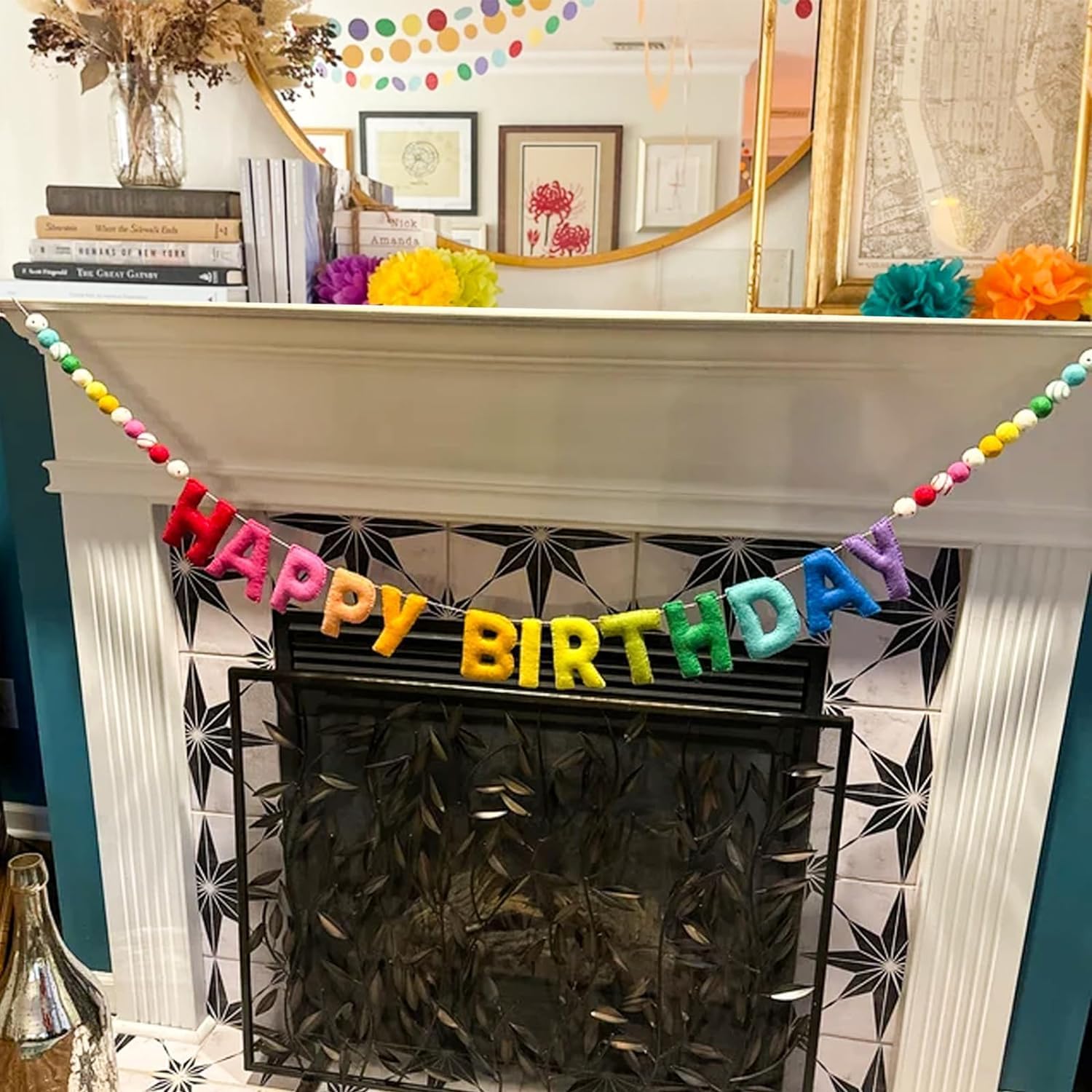 Detalle 2 de Pre-Strung Happy Birthday Banner - Felt Ball Garland (Red) – Rainbow Themed, Ready to Hang