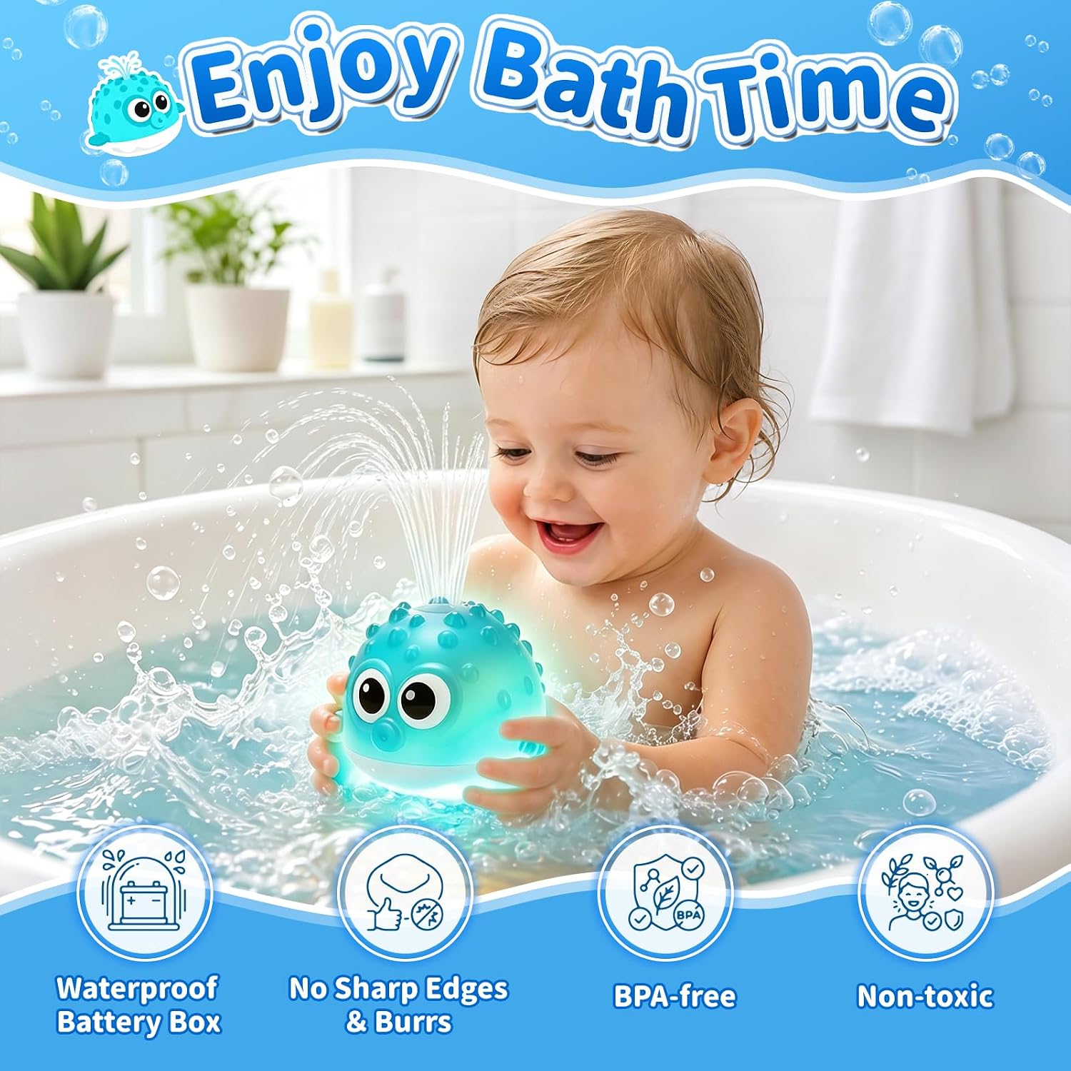 Thumbnail 1 de QASUN Colourful Light-Up Bath Toy: Pufferfish Sprays, Glows and Plays