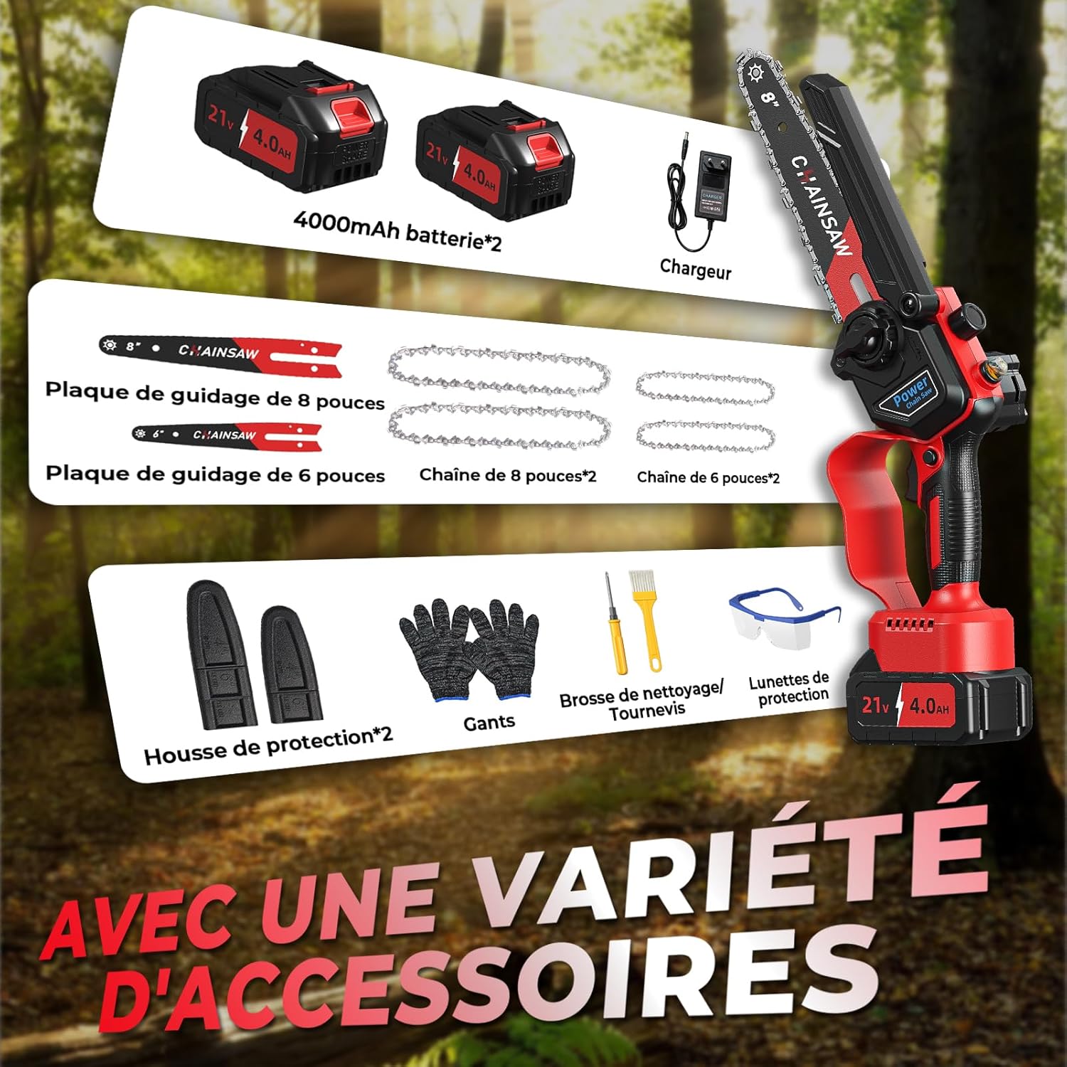 Thumbnail 6 de Mini tronçonneuse à batterie 6/8 pouces 1300 W brushless, 2×4000 mAh compatible Makita 18 V