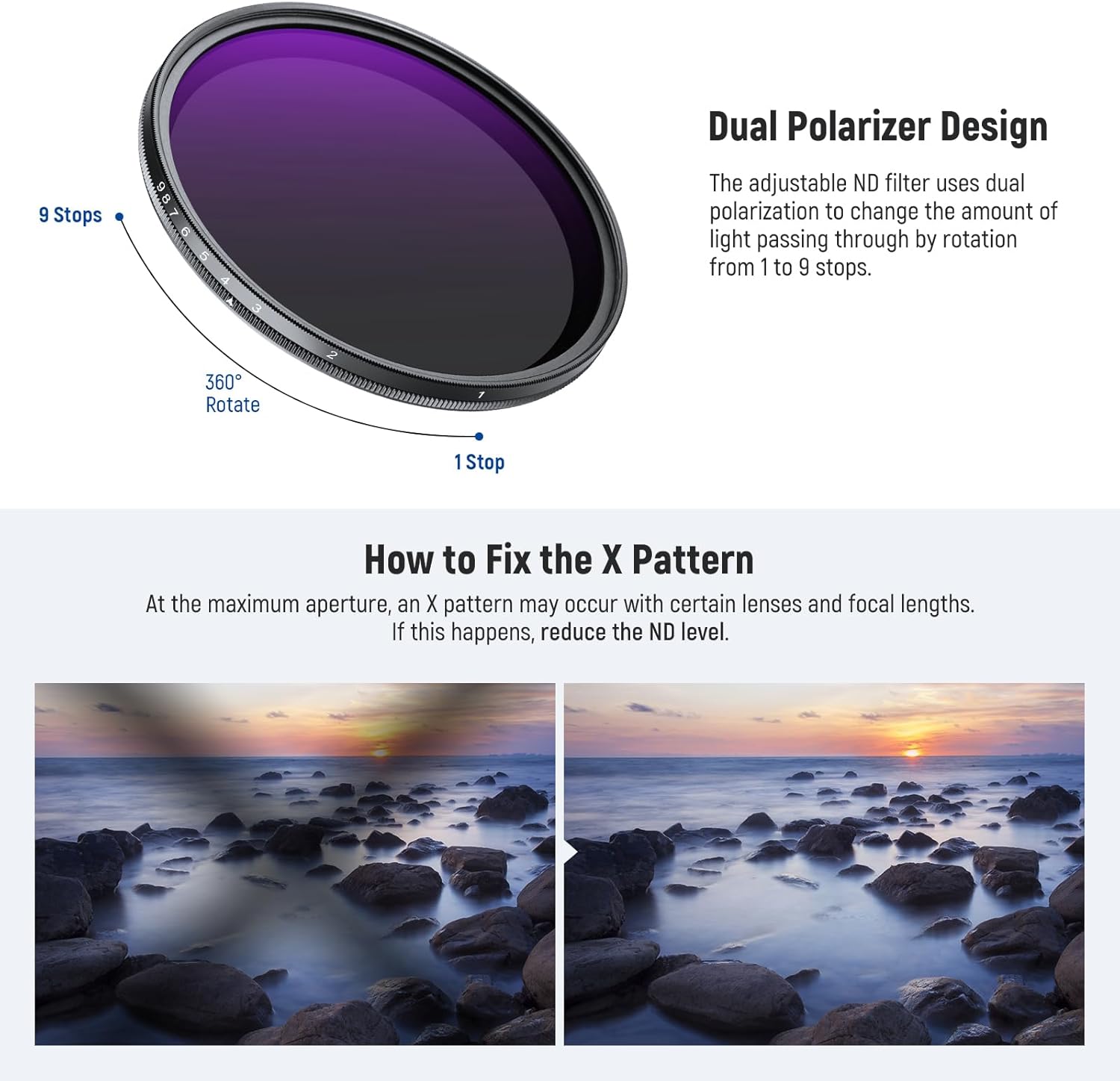 Thumbnail 4 de NEEWER filtro ND variabile 62mm ND2-ND400 (1–9 stop) con copriobiettivo e accessori
