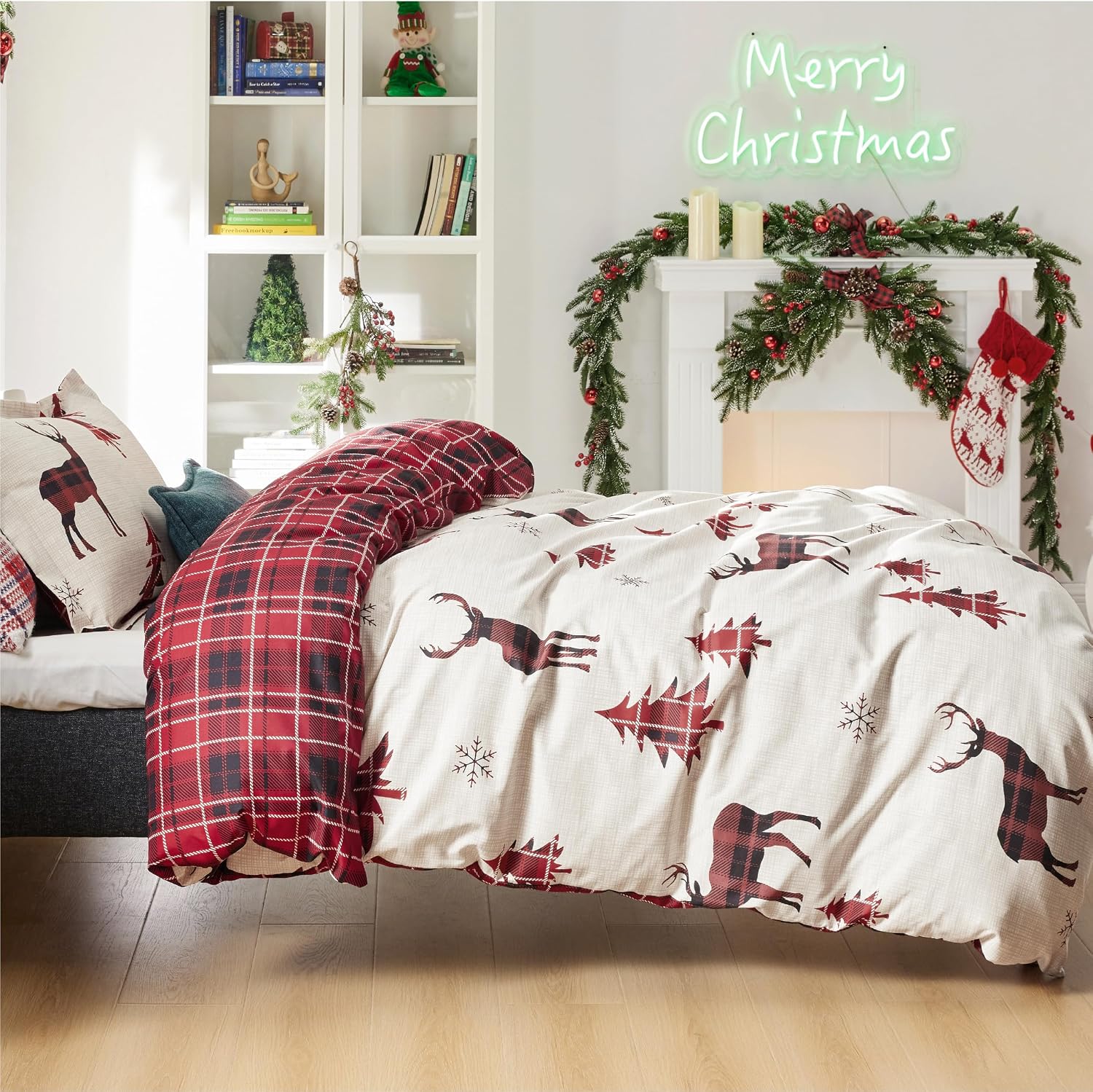 Thumbnail 6 de Bedsure Twin Christmas Duvet Cover Set, Reindeer Print, Reversible Buffalo Check