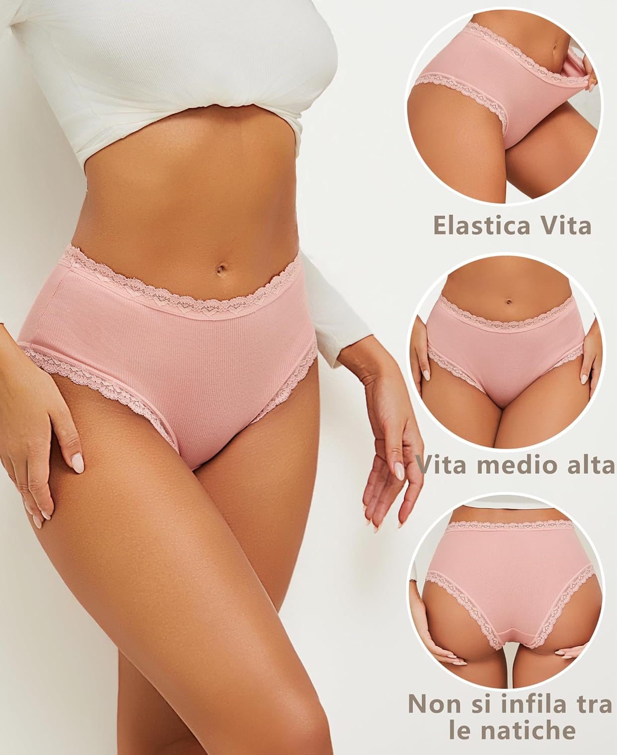 Thumbnail 2 de ALL OF ME Mutande donna in cotone con pizzo brasiliano (set da 6) vita alta mezza vita S-XXL