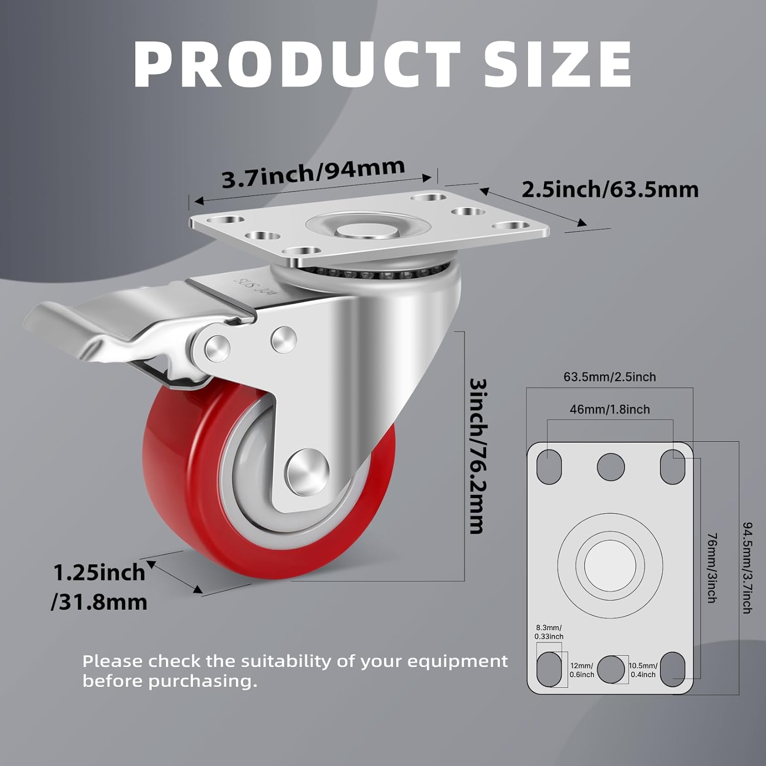 Thumbnail 3 de W B D WEIBIDA 75mm Ruote per Carrelli Carichi Pesanti in Acciaio Inox – 540 kg, Anticorrosione con Doppio Freno