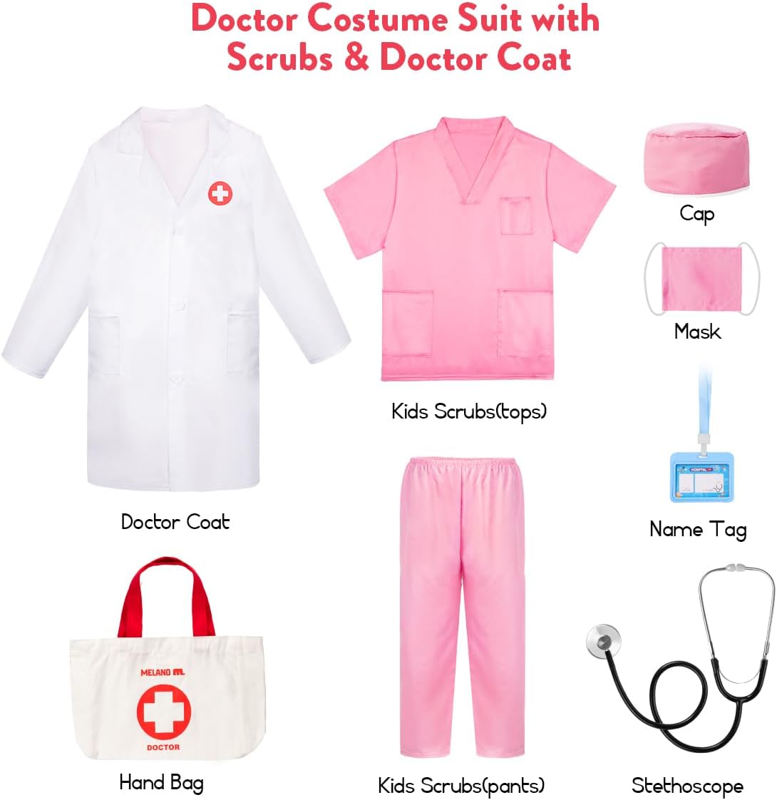 Thumbnail 1 de Meland Doctor Costume for Girls (Kids Scrubs with Lab Coat & Carry Bag) — Role Play Outfit for Ages 3–10