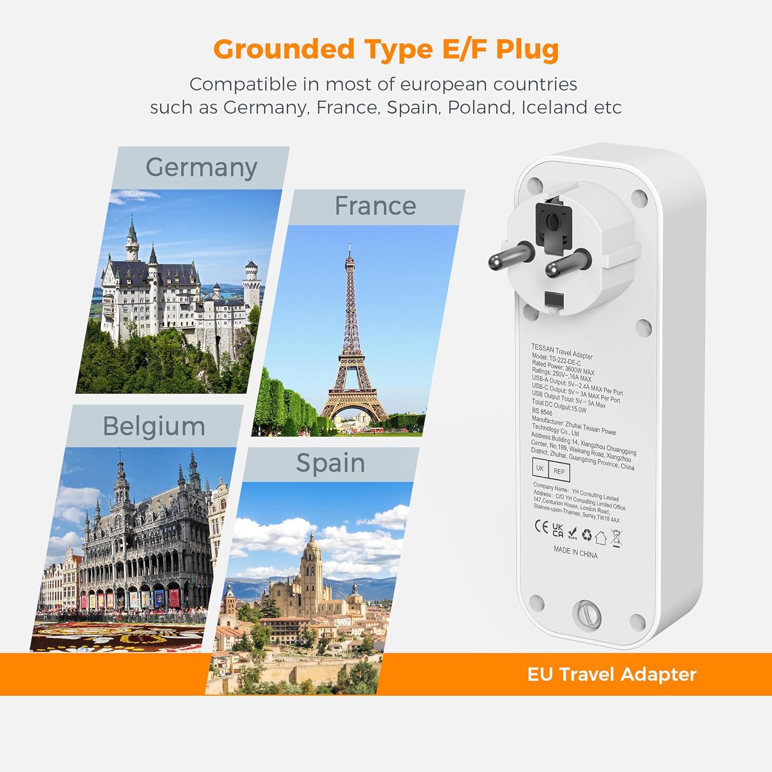 Thumbnail 1 de TESSAN UK to European Plug Adapter with 3 USB (1 USB-C) – Type E/F Schuko Travel Adapter for EU & more