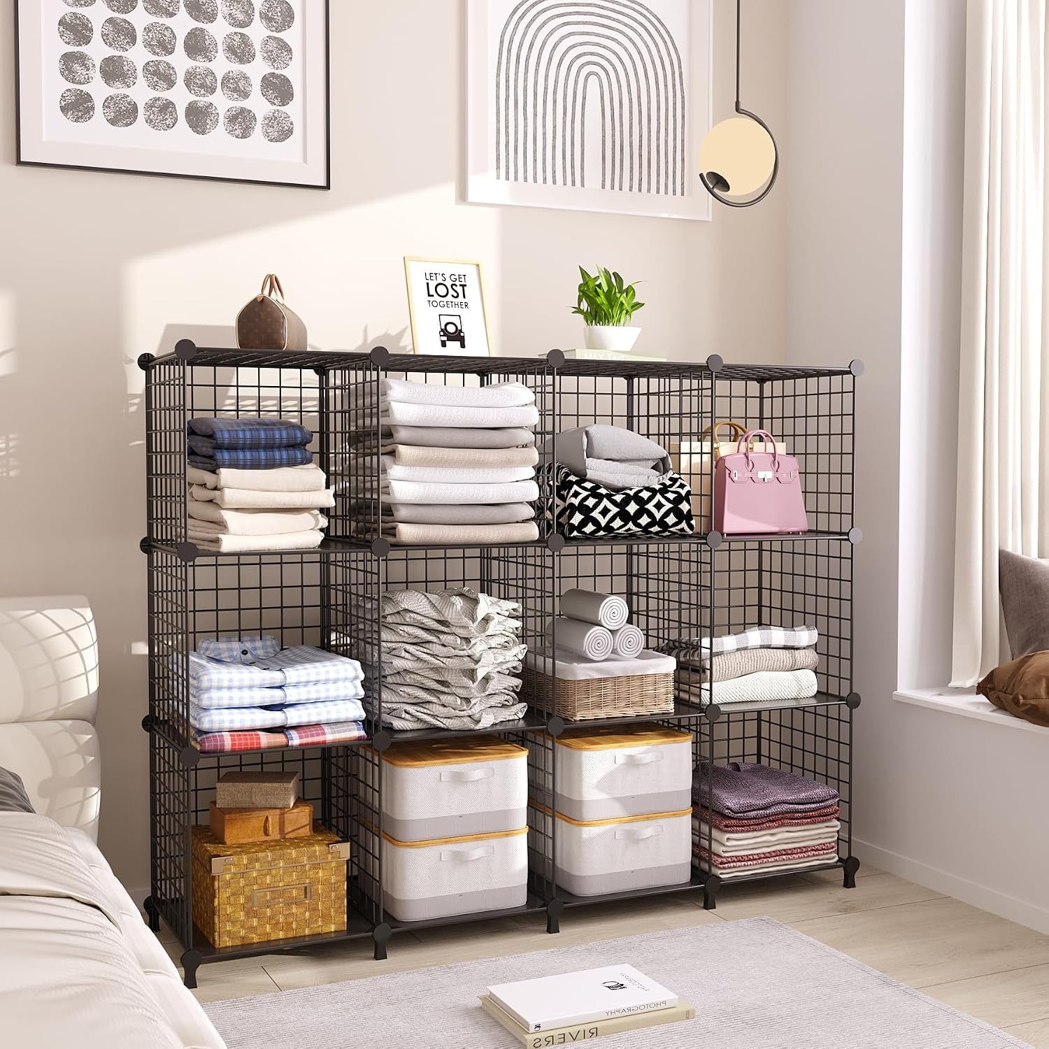 Detalle 2 de AWTATOS USCIH12BE 12-Cube Wire Storage Shelf, Stackable Black Metal