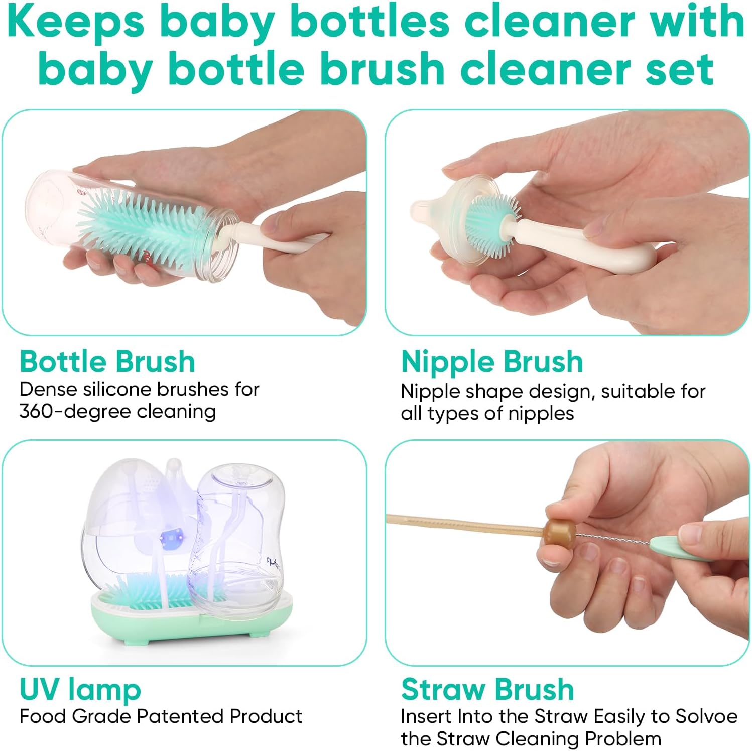 Detalle de Maypott 6-in-1 Baby Bottle Brush Set with Silicone Heads for Travel