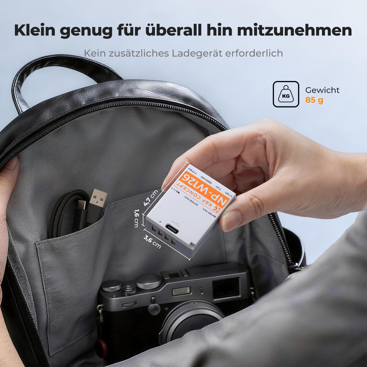 Detalle 2 de K&F CONCEPT NP-W126 / NP-W126S Direkt wiederaufladbarer Akku (1050 mAh) mit USB‑C – passend für ausgewählte Fujifilm X Modelle, 2er Pack