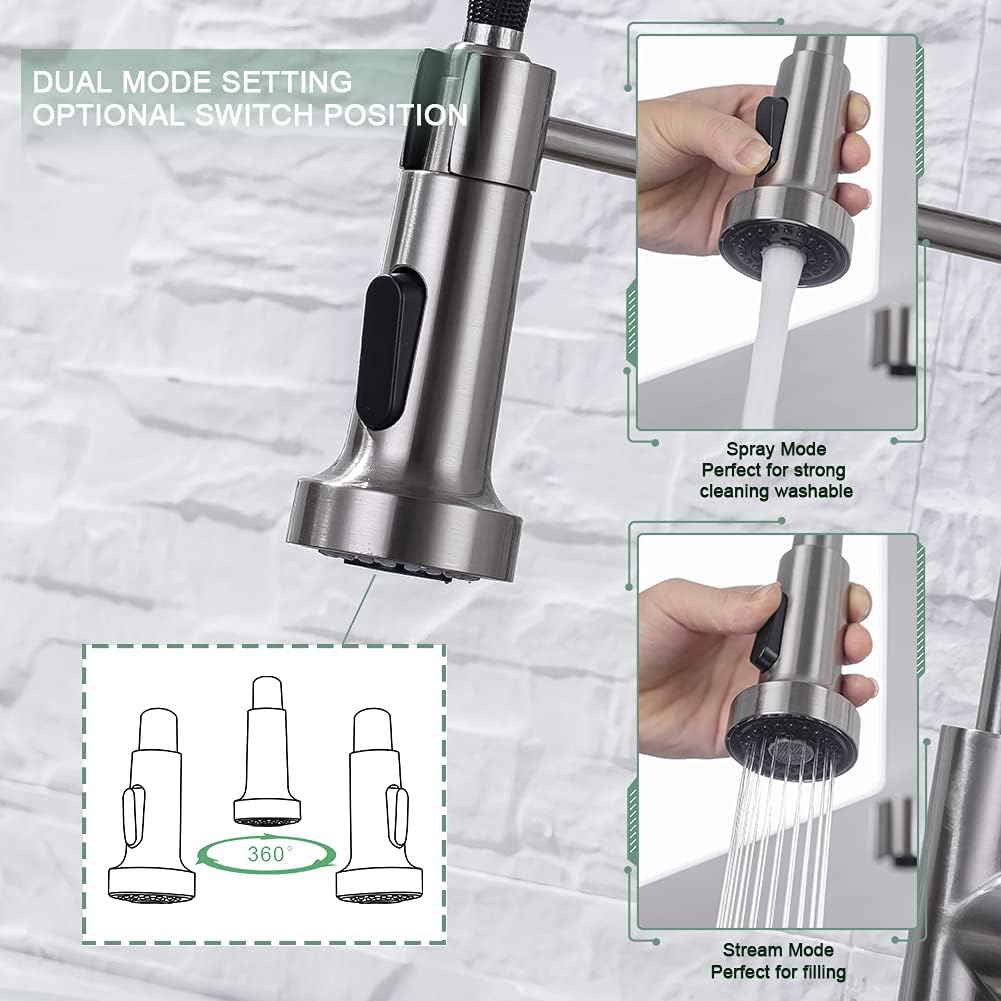 Detalle de WEWE A8018-05-02ST Pull-Down Kitchen Faucet, 2-Mode Sprayer, Brushed Nickel