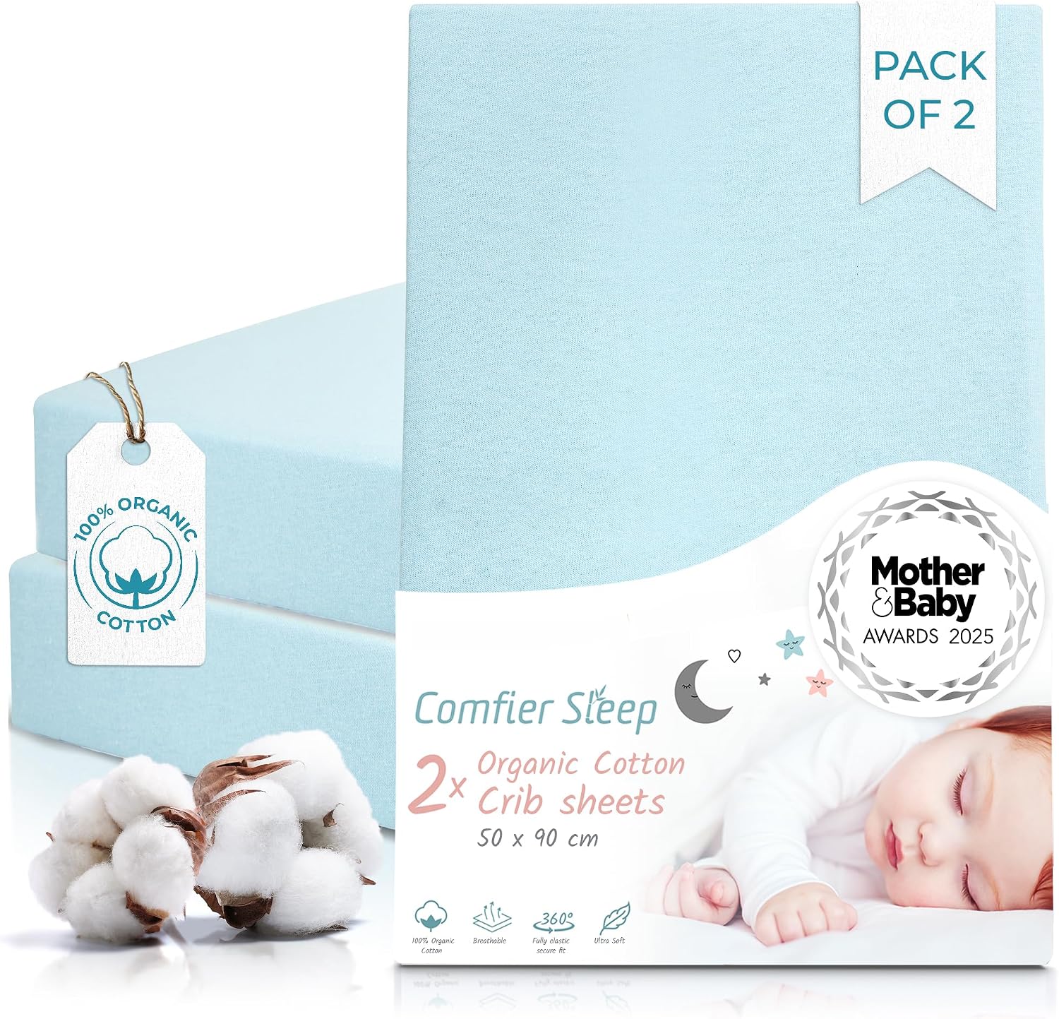 Detalle de Crib Sheets 50x90cm Organic Cotton 2-Pack in Pink (Cozee Bedside Crib Fitted Sheets)