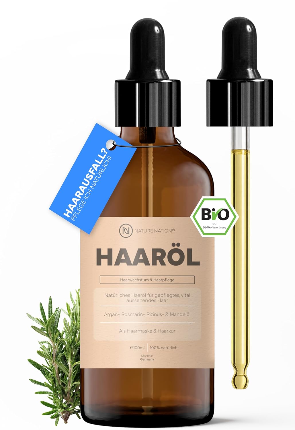 Detalle de BIO Haaröl – Pflegeöl für Haar & Kopfhaut mit Argan, Rizinus & Mandelöl (Rosmarin, Vitamin E) – vegan, silikonfrei