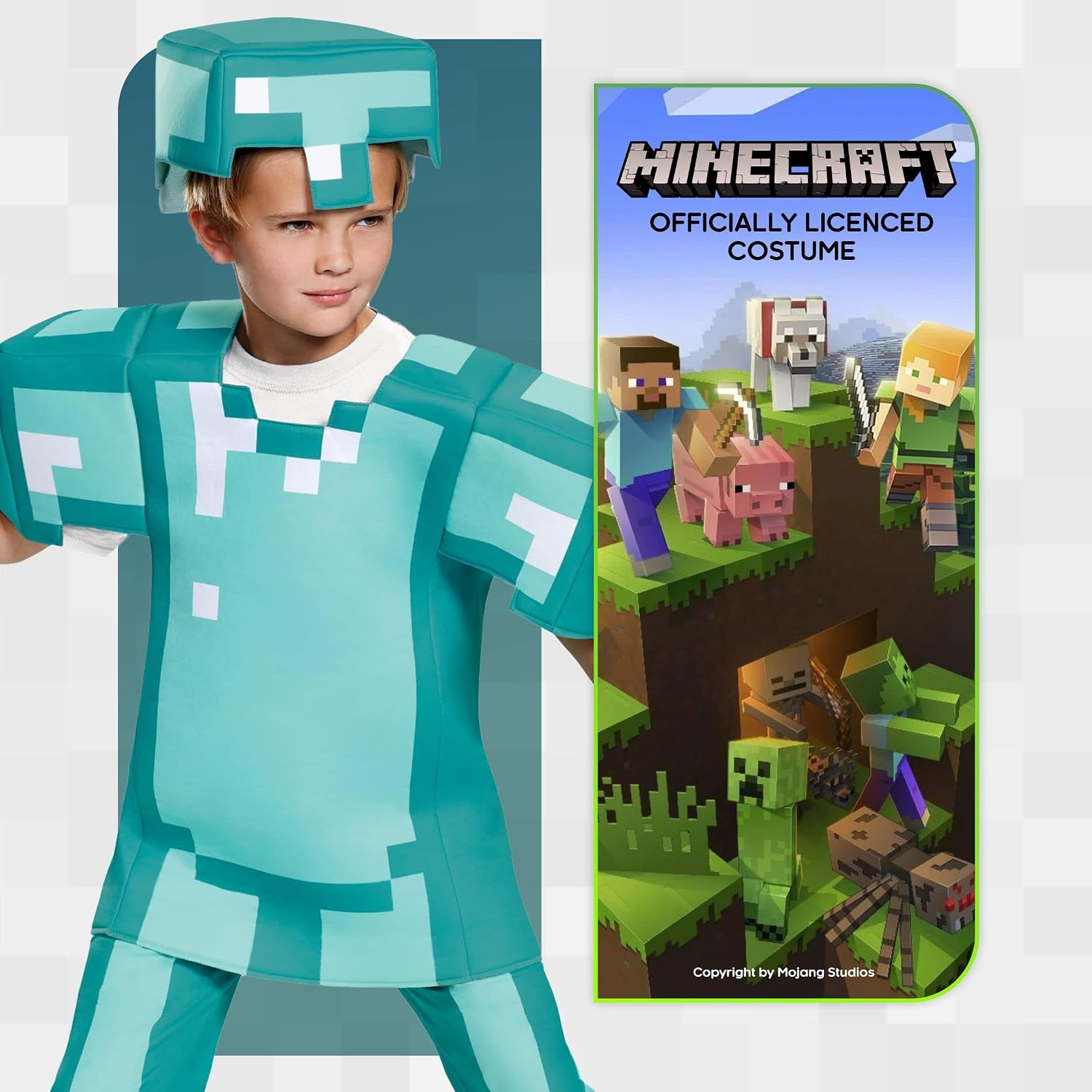 Detalle 2 de Disguise Deluxe Minecraft Diamond Armor Costume for Kids with Tunic, Pants and Hat