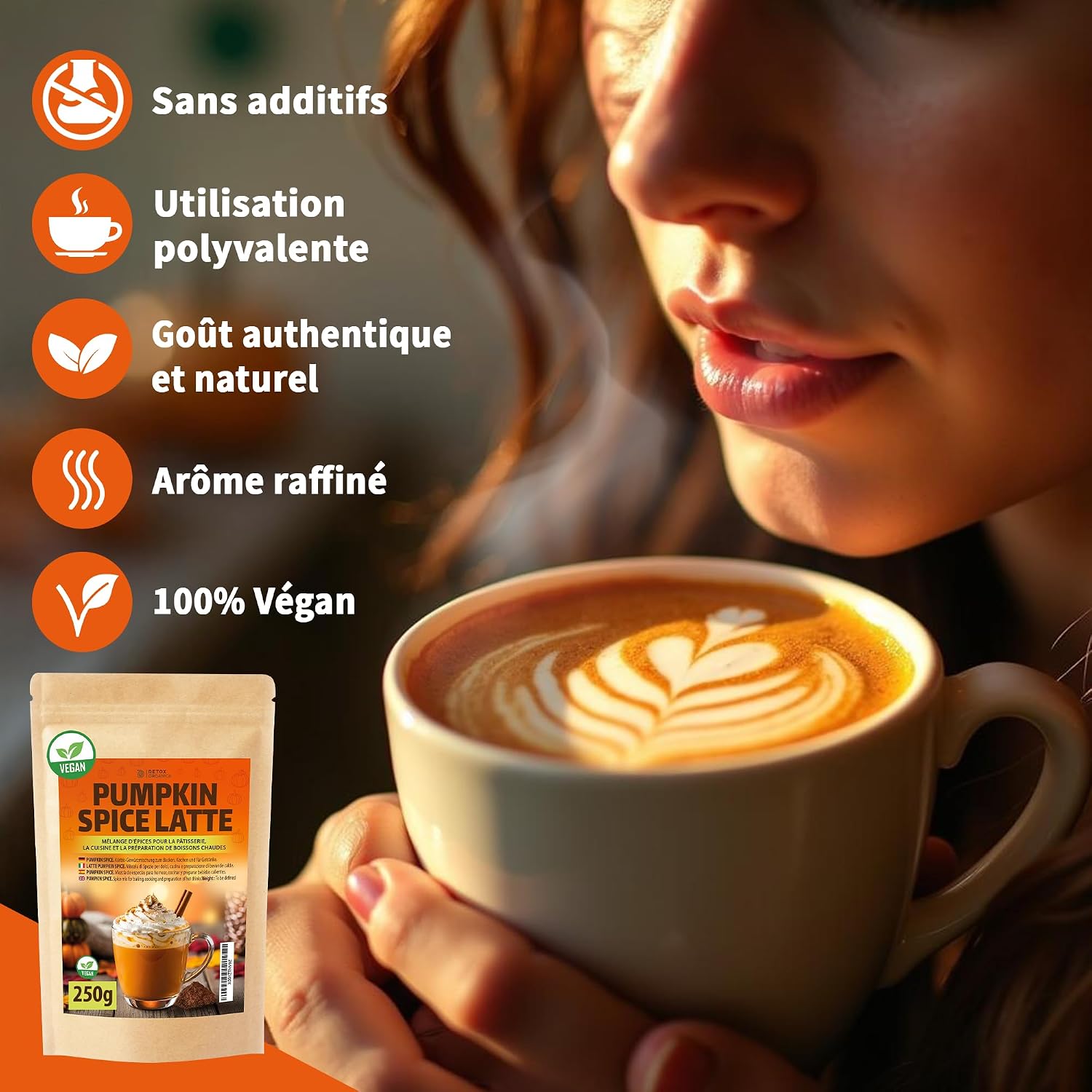 Detalle de DETOX ORGANICA Pumpkin Spice Latte – Épices en poudre 250 g, mélange authentique pour latte et desserts automne
