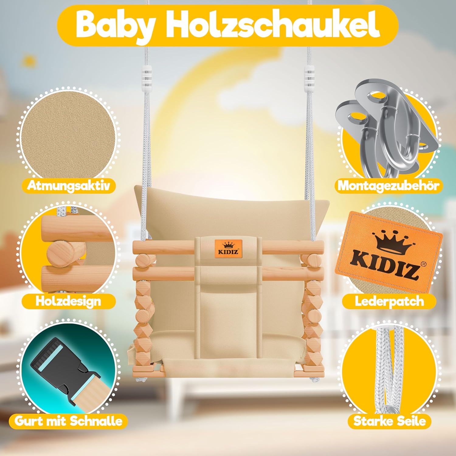Detalle 2 de KIDIZ Babyschaukel für Babys ab 6 Monaten bis 3+ Jahre – höhenverstellbar, Holzschaukel mit Polsterung, Beige
