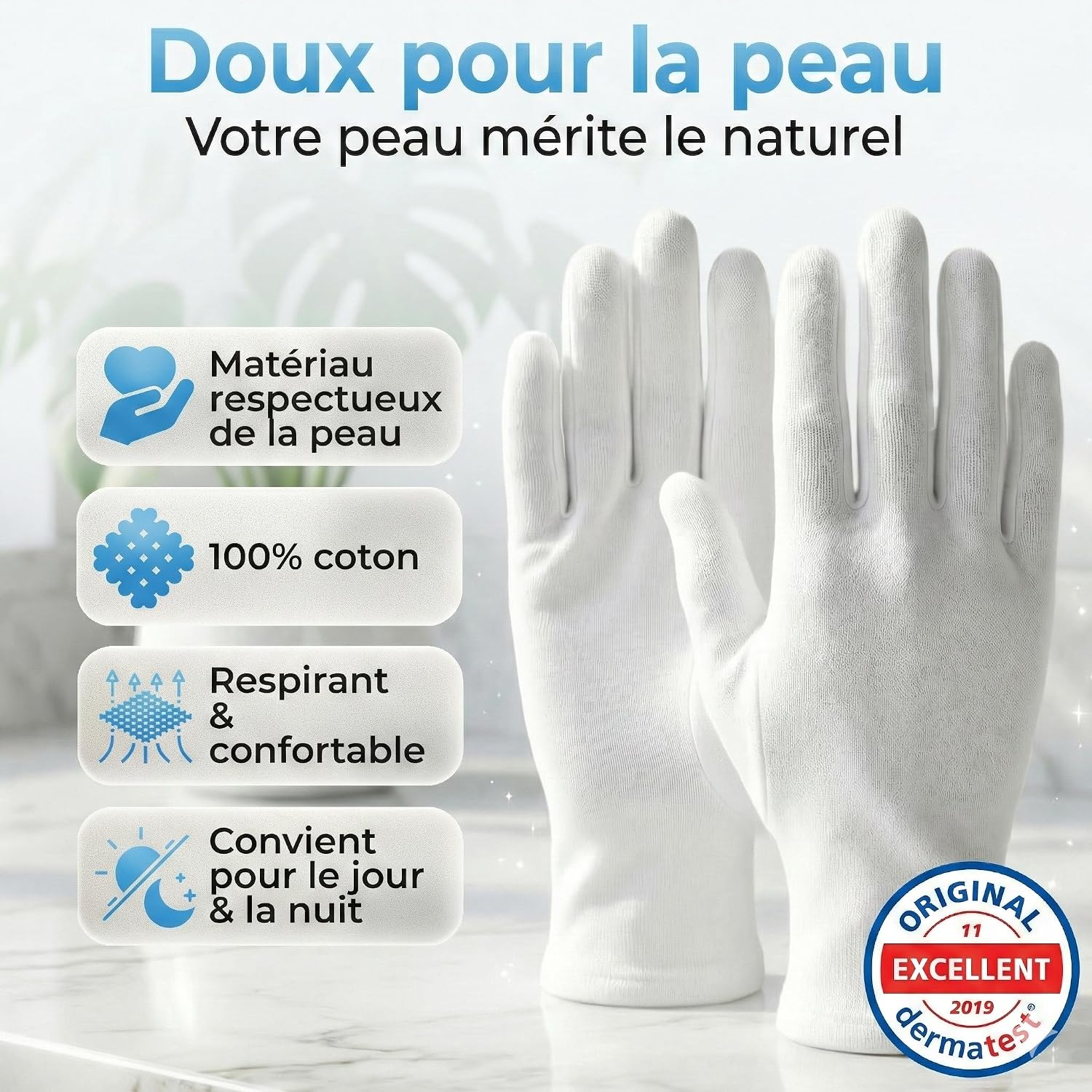 Detalle de Gants en coton blancs (Dermatest: Excellent) – pour soins nocturnes et peaux sensibles