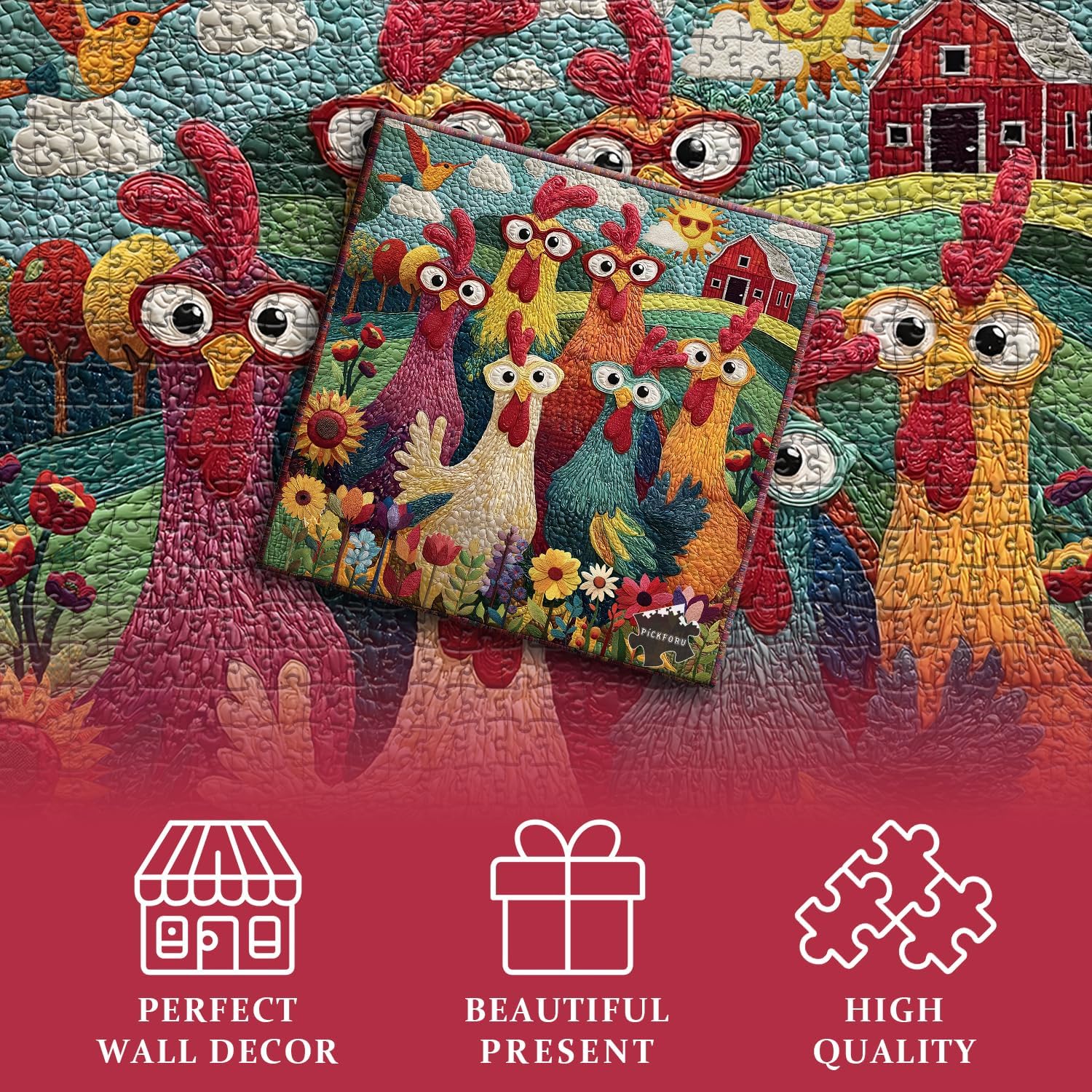 Detalle de PICKFORU Chicken Puzzles for Adults 1000 Piece: Funny Chicken Jigsaw Puzzle with Rooster-Themed Garden Scene