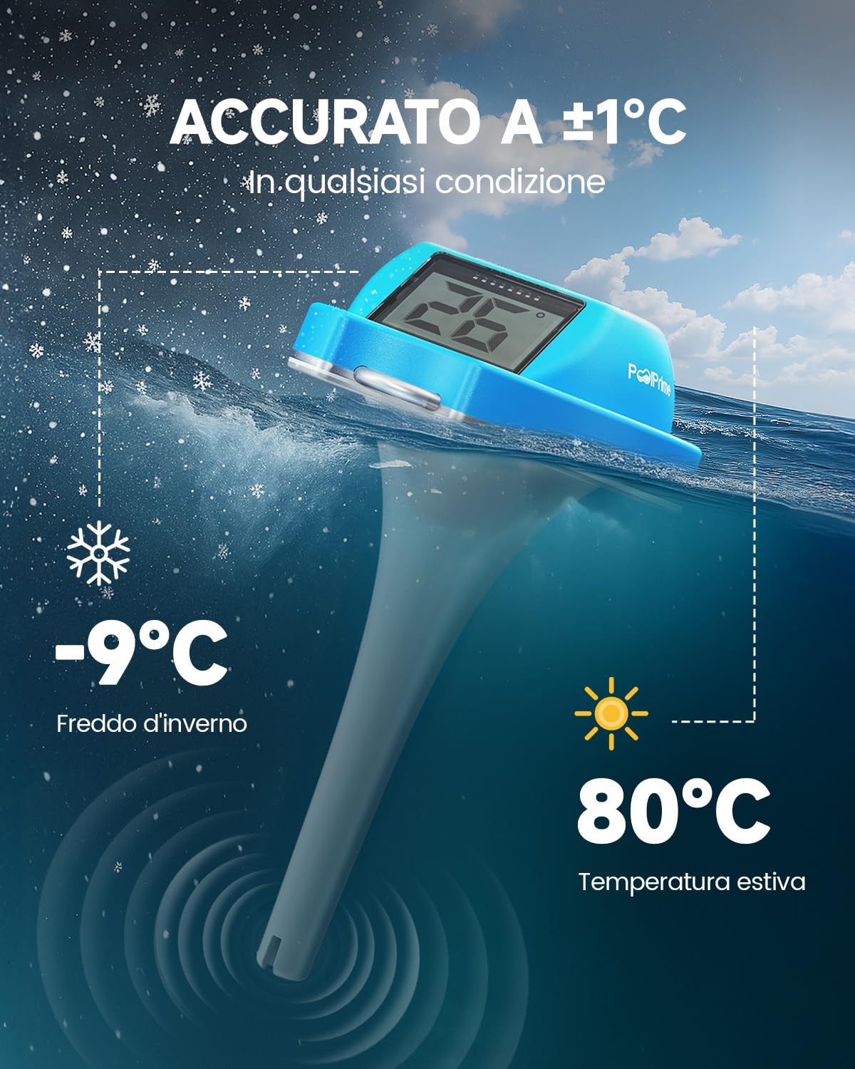 Thumbnail 3 de PoolPrime Termometro Piscina a Doppio Schermo con display digitale, galleggiante IPX7 e pannello solare