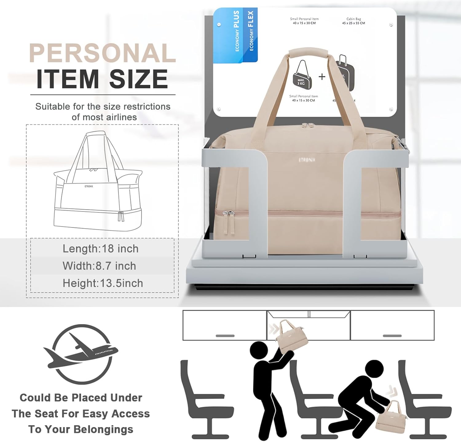 Detalle de ETRONIK Gym Bag Womens: Versatile 45x36x20cm Travel Duffel with Wet Pocket, Shoe Compartment and USB Charge