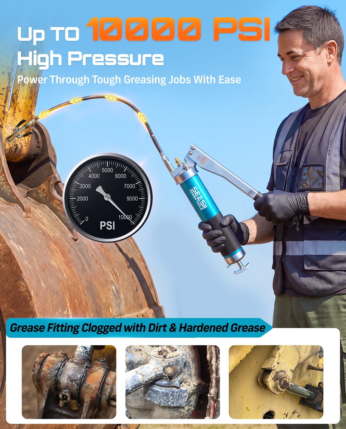 Detalle de Seesii GR06CA 10,000 PSI Grease Gun with 18" Hose and Quick-Release Coupler