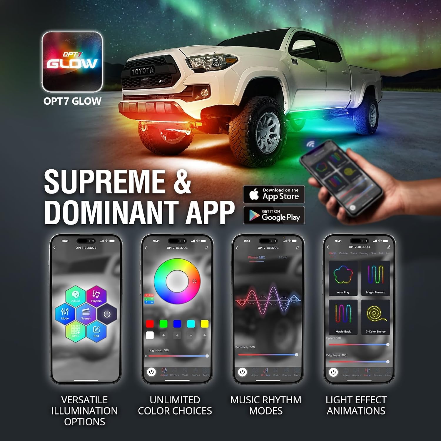 Detalle de OPT7 Aura DreamColor Underglow Chasing Lights Kit for Truck (RGBIC) with App & Remote, Waterproof 12V