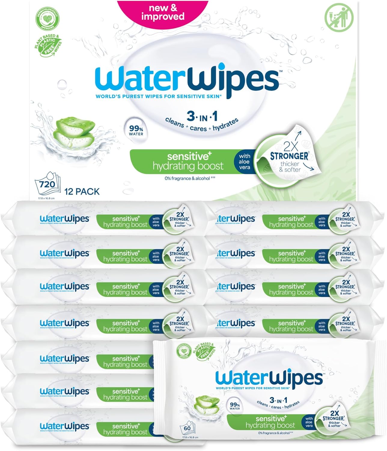WaterWipes Sensitive+ Hydrating Boost Wipes 720 Count (12 Packs) – 3-in-1 Clean, Care & Hydrate