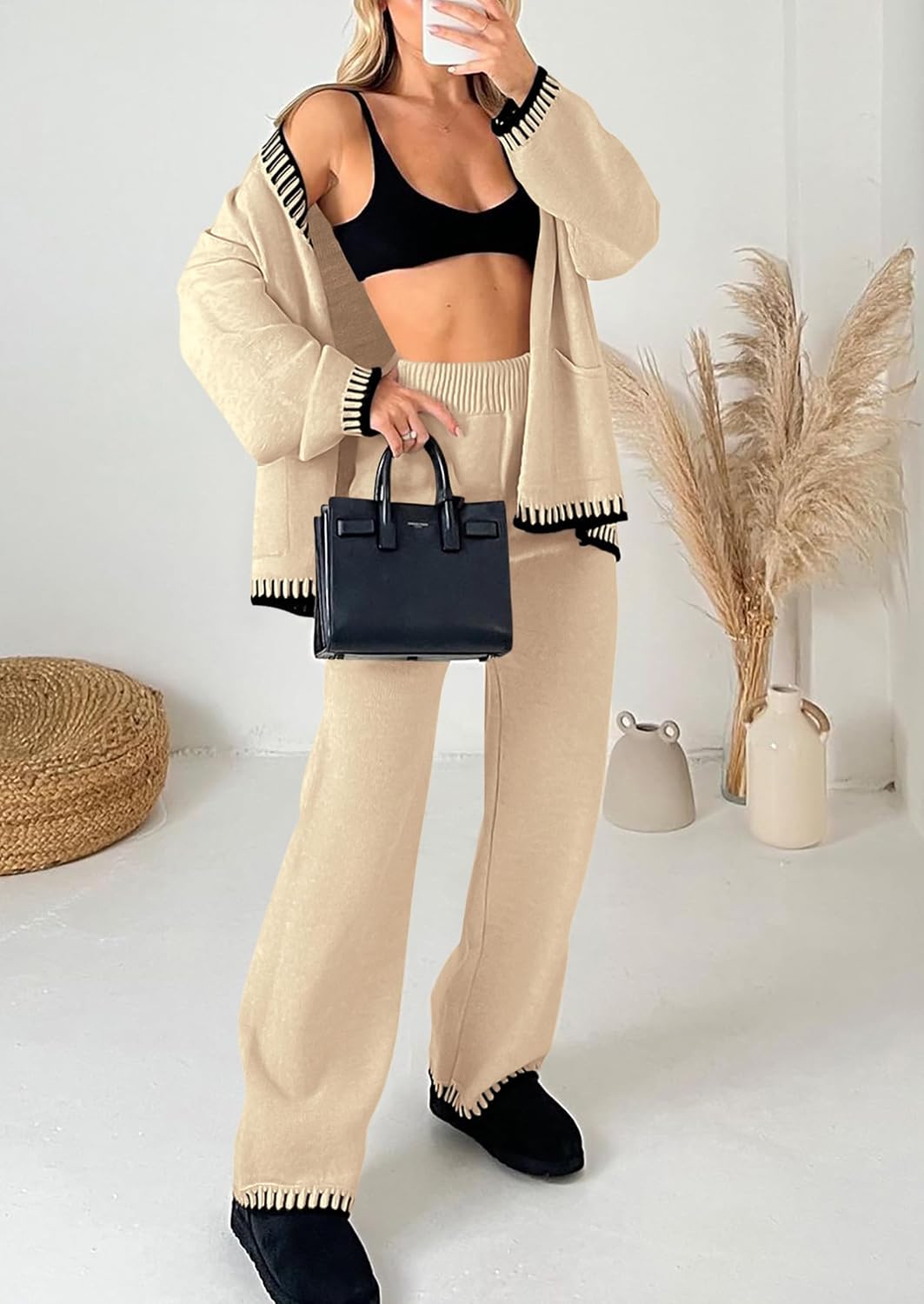 Detalle de PRETTYGARDEN Women’s Lounge Set (2-Piece Cardigan + Wide-Leg Pants) — color-block knit outfits