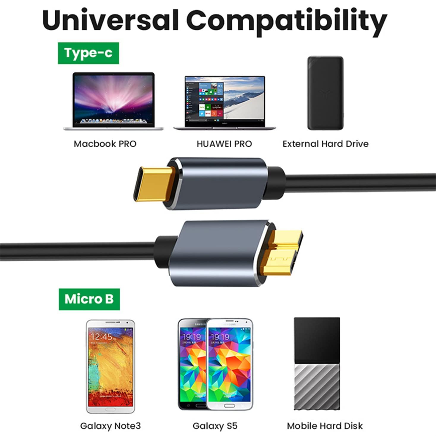 Thumbnail 1 de NAERSI USB-C to Micro B USB 3.0 cable (Hard drive/phone linking) – up to 5Gbps