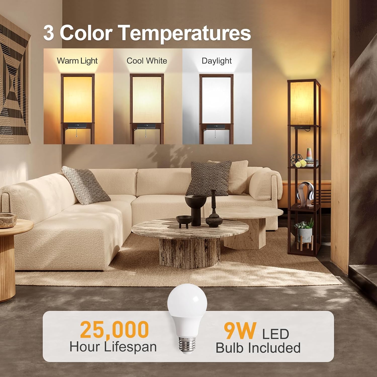 Thumbnail 1 de OUTON Floor Lamp with Shelves (Walnut Brown) – LED Column with USB & Type-C Ports, 3 Colour Temperature