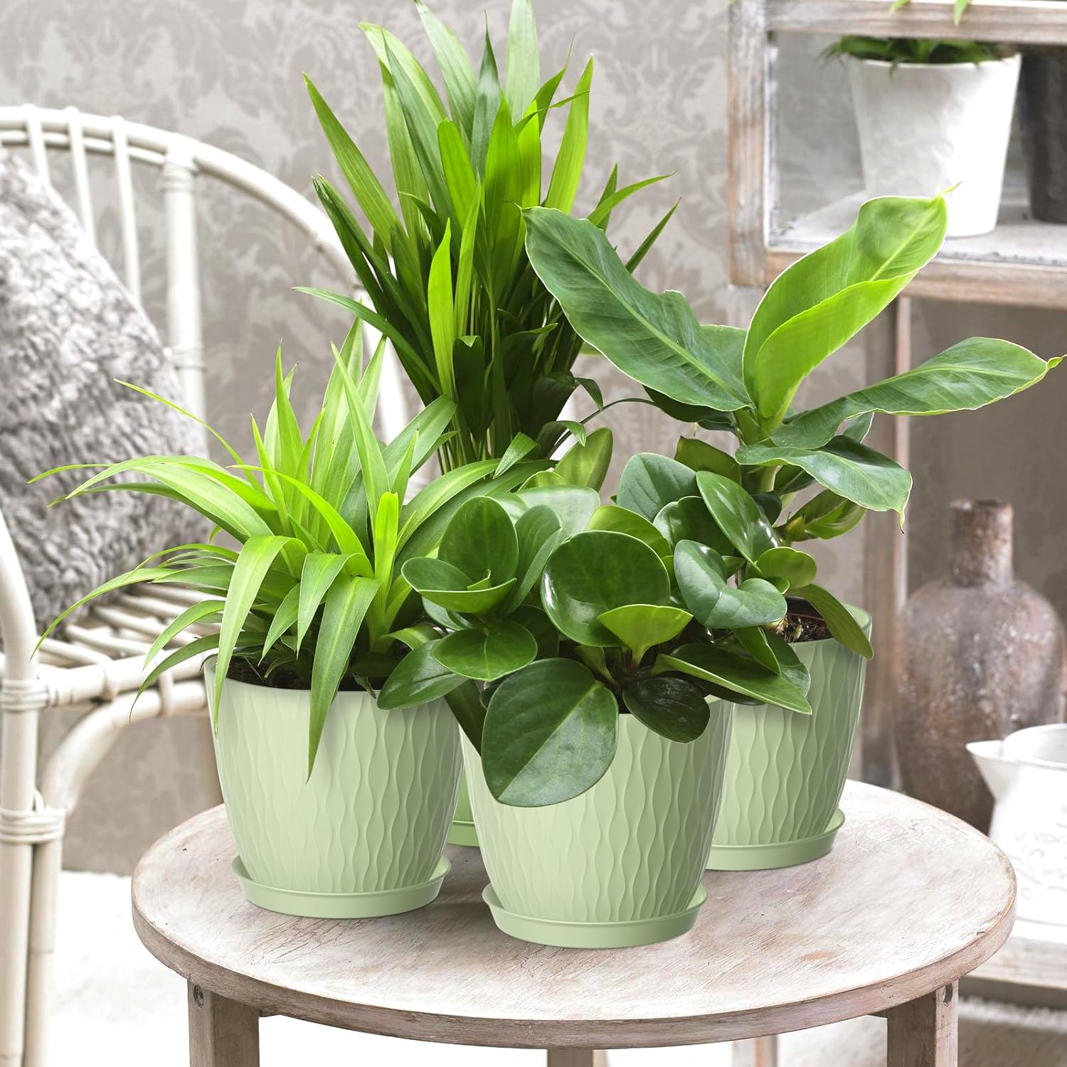 Thumbnail 2 de Homeuouz 5-Pack 15cm Stripe Grooves Plastic Plant Pots with Drainage Holes and Tray (Light Green)