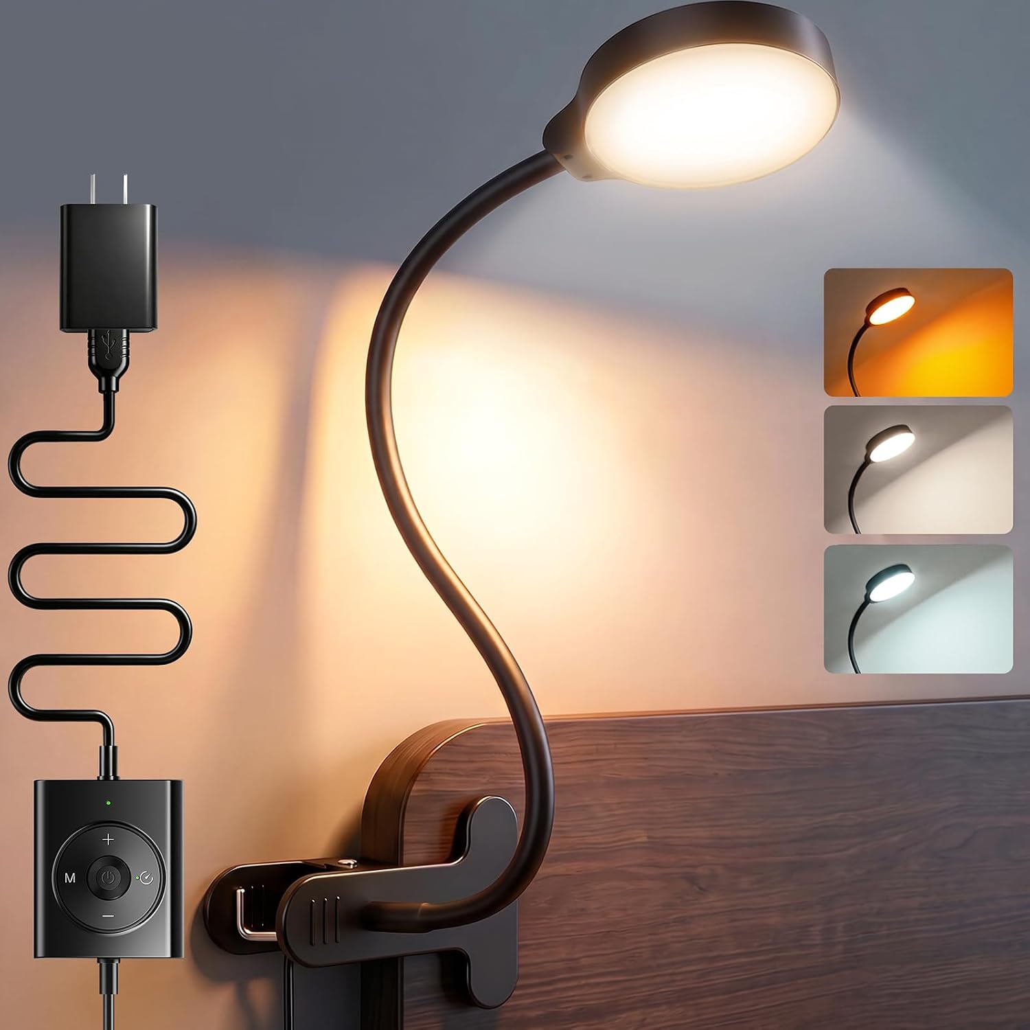 Detalle de Glocusent 5W Clip-On Reading Light, 3 Color Modes, 5 Brightness Levels
