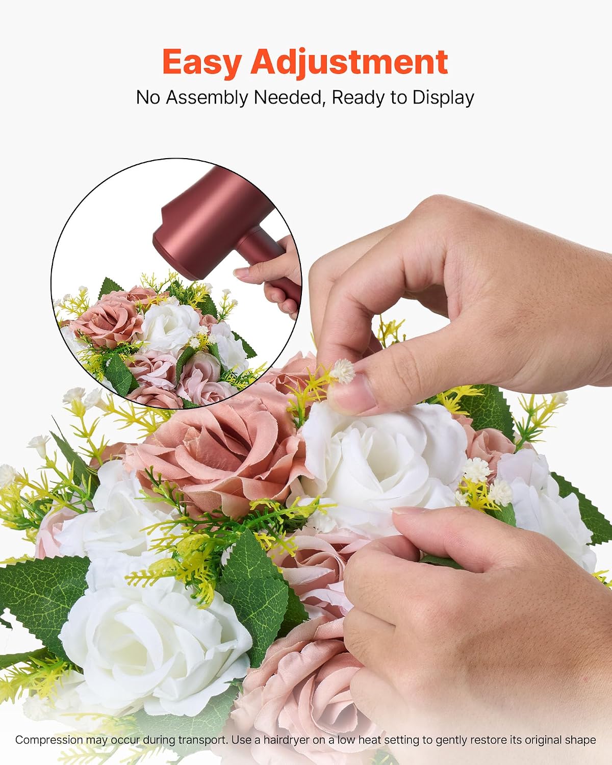 Detalle de VEVOR Boules de Fleurs Artificielles – Lot de 10, Ø24 cm, Roses en Rose et Blanc, Centres de Table polyvalents