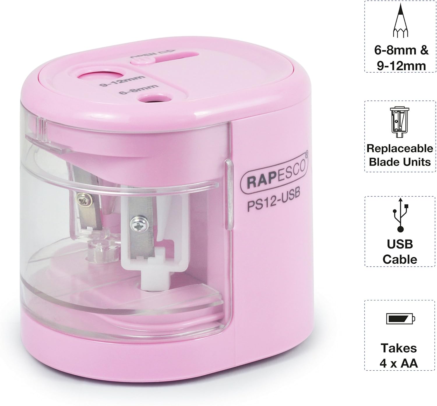 Thumbnail 1 de Rapesco 1446 PS12-USB Automatic/Electric Pencil Sharpener with USB or Battery (not Included) - Candy Pink