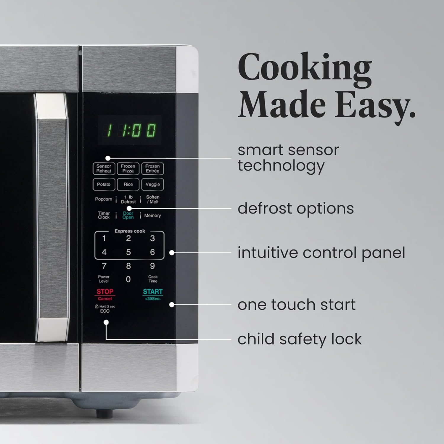 Detalle de Farberware 1.6 Cu. Ft. Countertop Microwave Oven — 1100 Watts, Smart Sensor Auto Cook, Defrost, Easy Clean, Child Safety Lock