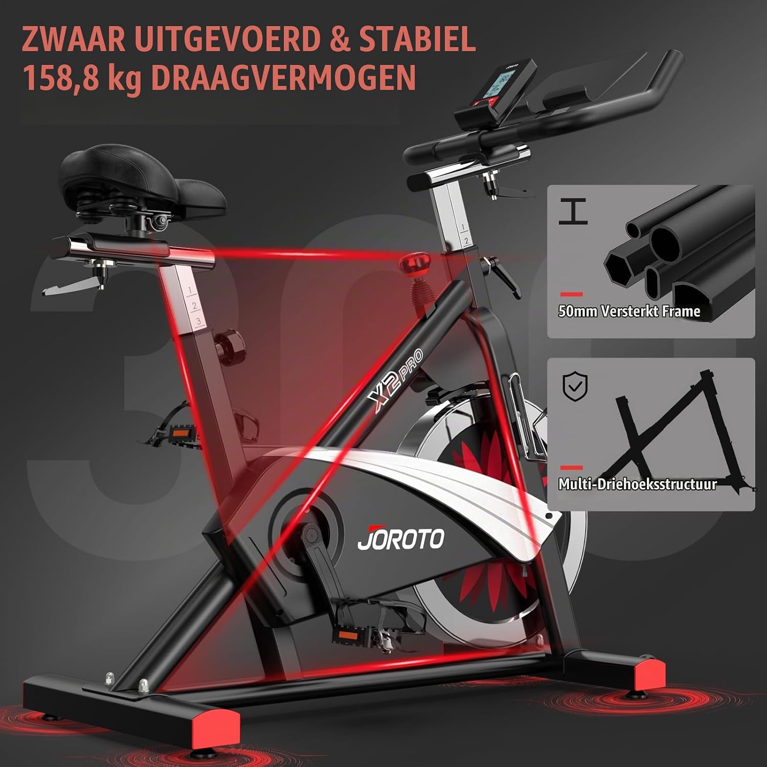 Detalle de JOROTO X2PRO hometrainer met Bluetooth, magnetische weerstand en riemaandrijving