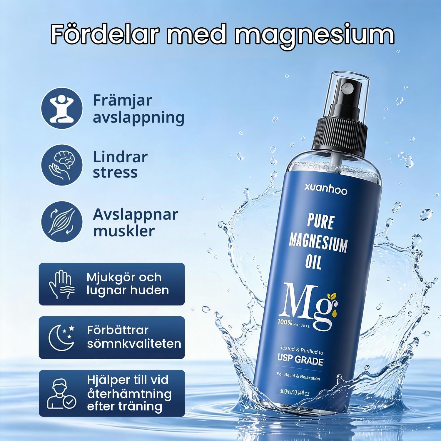 Detalle de xuanhoo magnesiumoljespray 300 ml med magnesiumklorid, alkoholfri