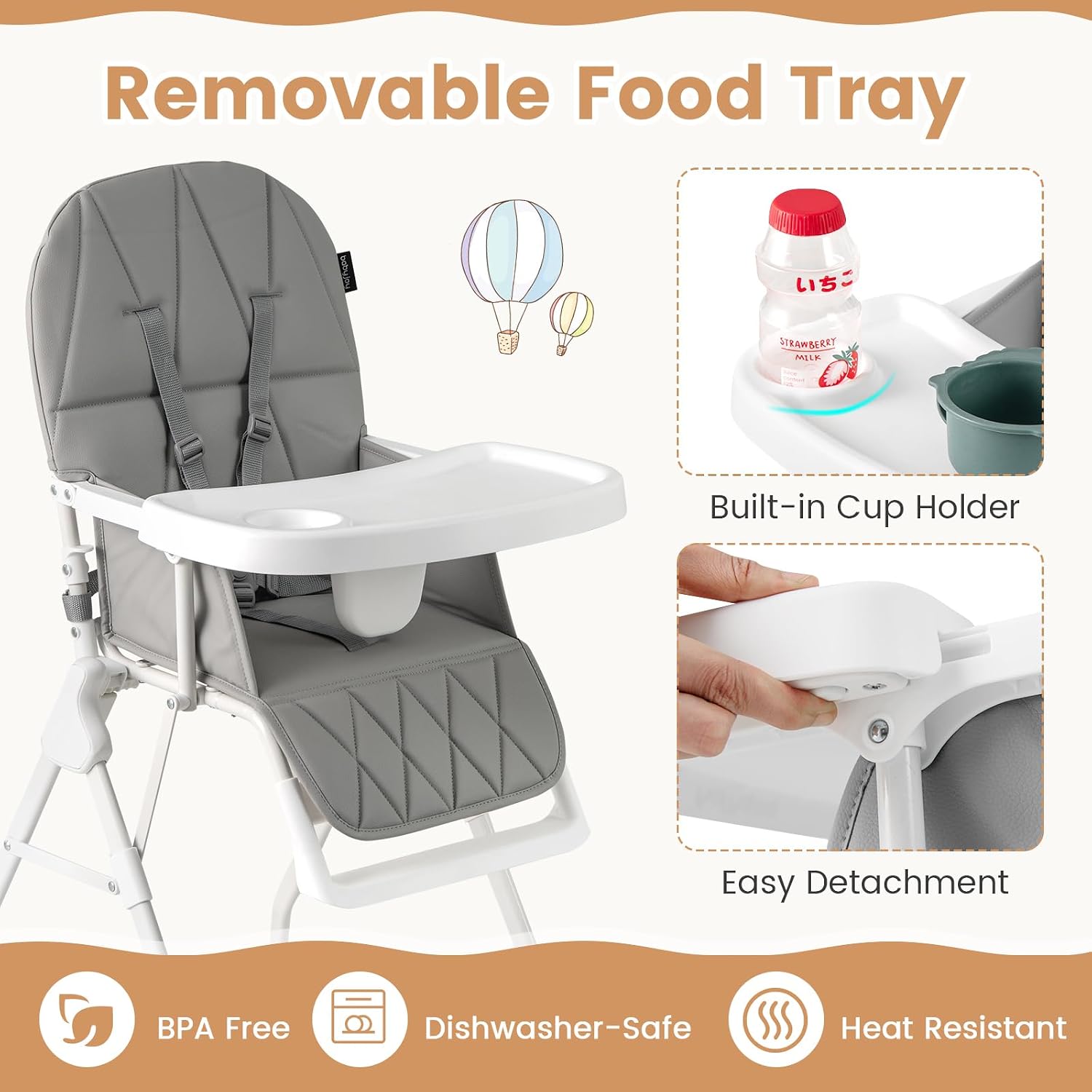 Thumbnail 3 de HONEY JOY HJ-2883-US Foldable High Chair with Adjustable Tray and PU Cushion