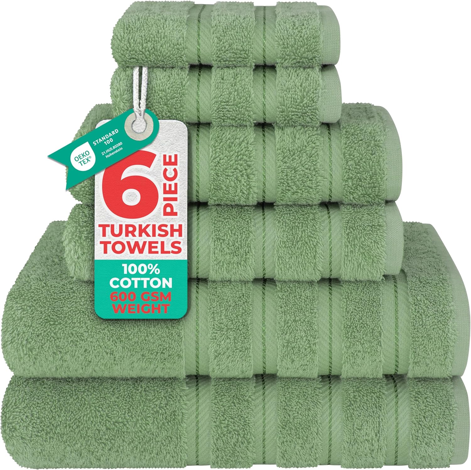American Soft Linen Luxury 6-Piece Turkish Towel Set (Sage Green) — 600 GSM Cotton